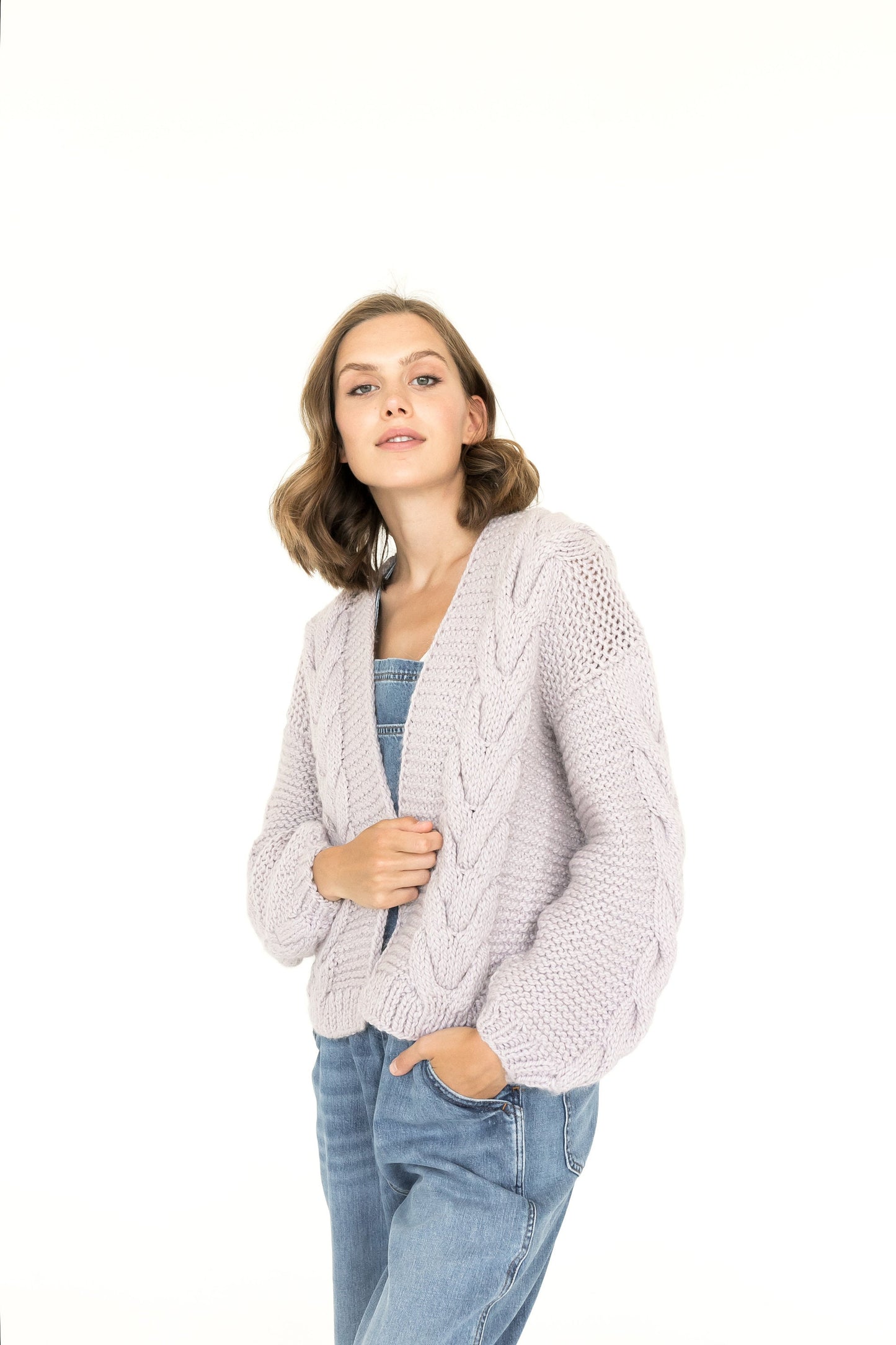 Light purple calbe knit cardigan, chunky knit cardigan, oversized alpaca and wool sweater.