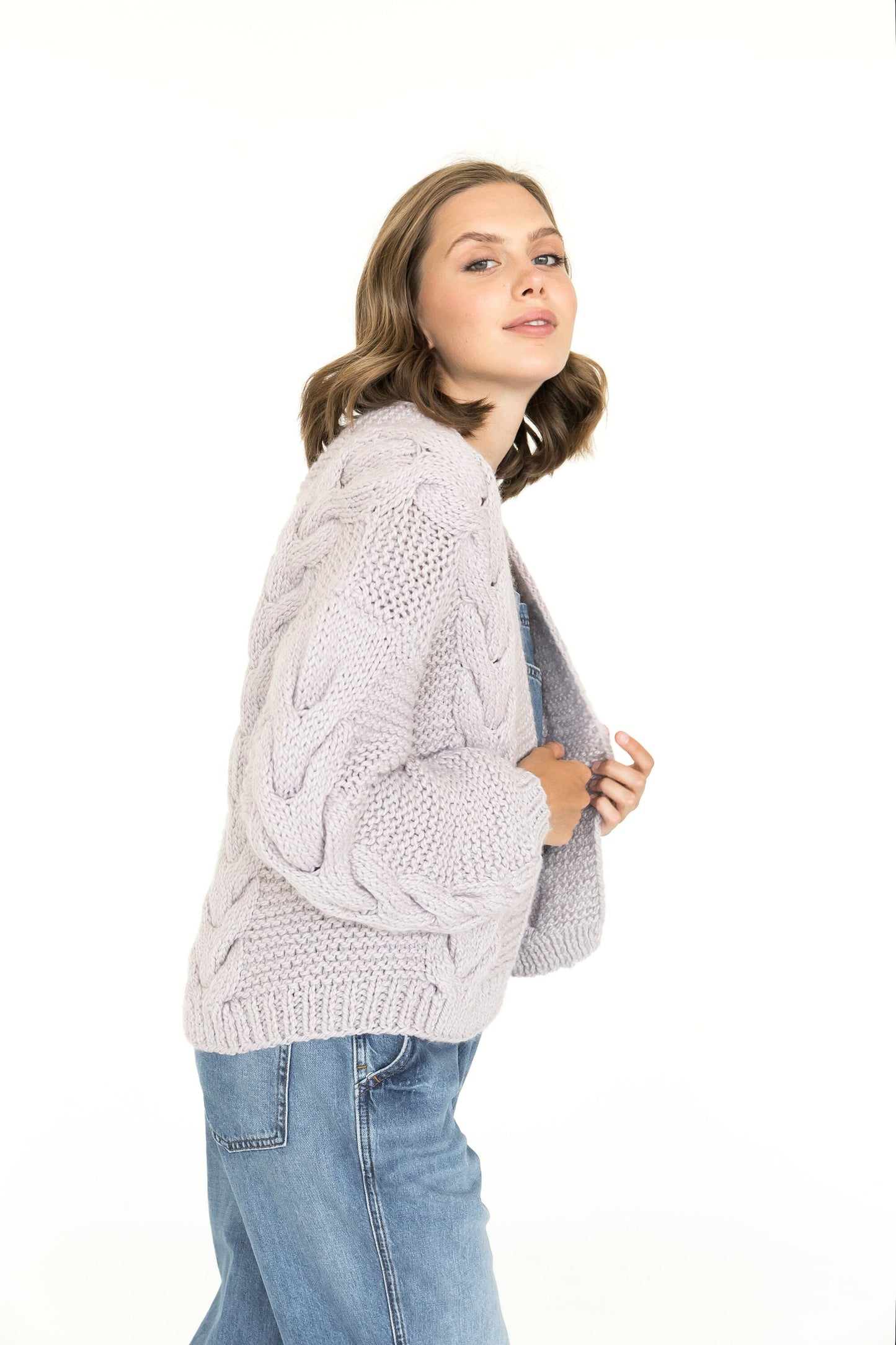 Light purple calbe knit cardigan, chunky knit cardigan, oversized alpaca and wool sweater.
