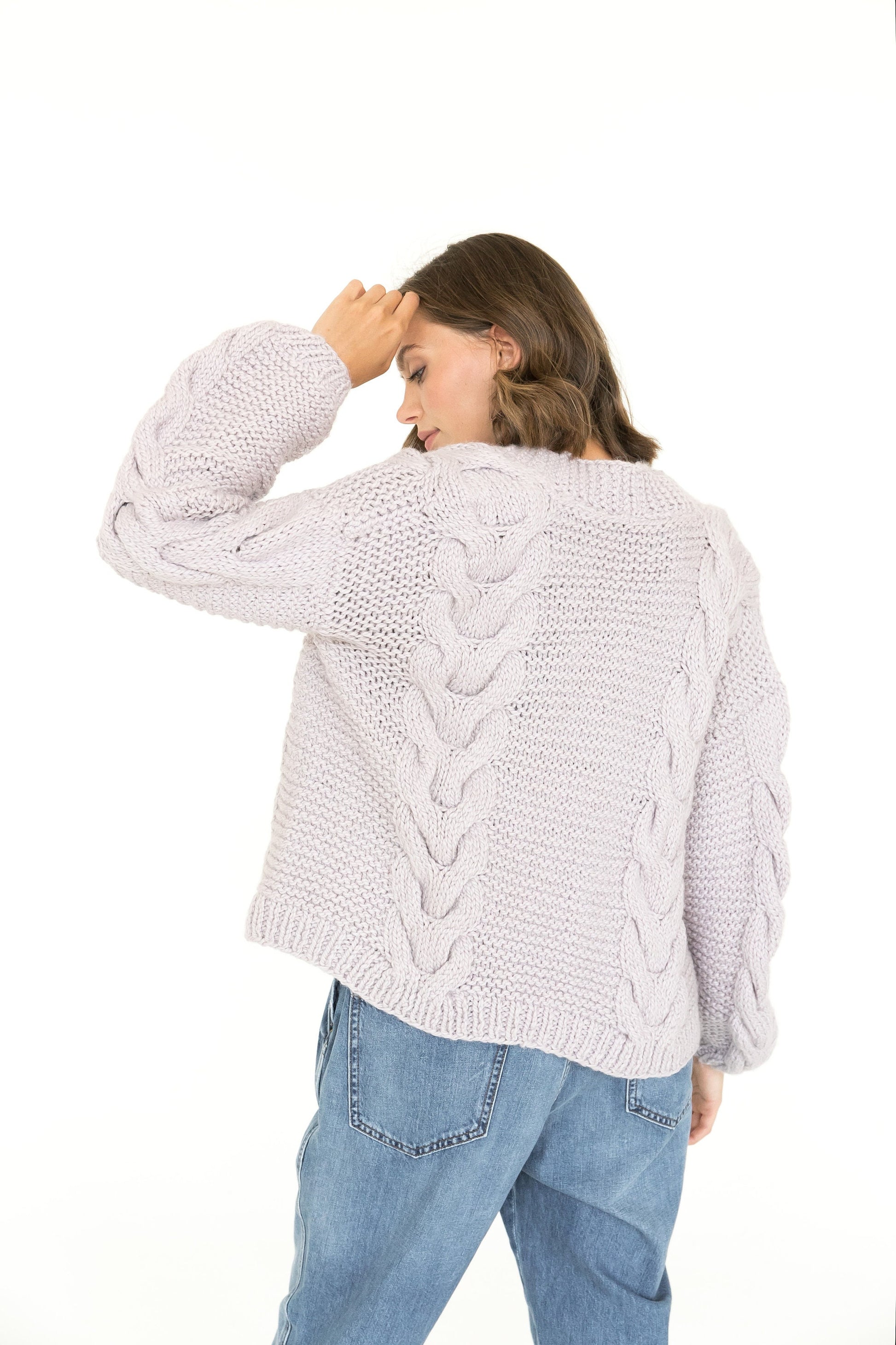 Light purple calbe knit cardigan, chunky knit cardigan, oversized alpaca and wool sweater.
