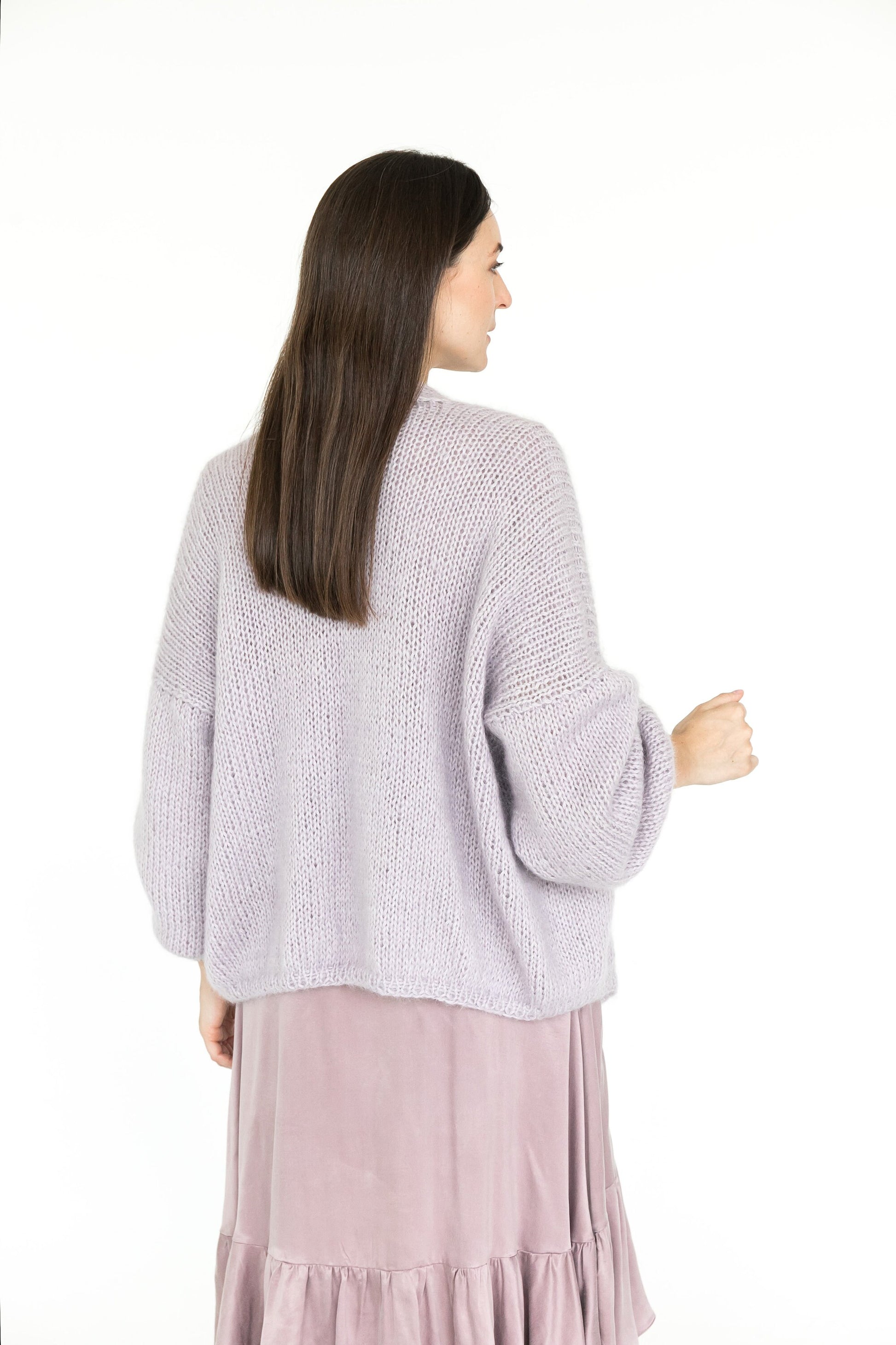Lavender chunky knit mohair cardigan, light purple cable knitted fluffy alpaca blend sweater, lilac fuzzy slightly oversized women&#39;s jacket