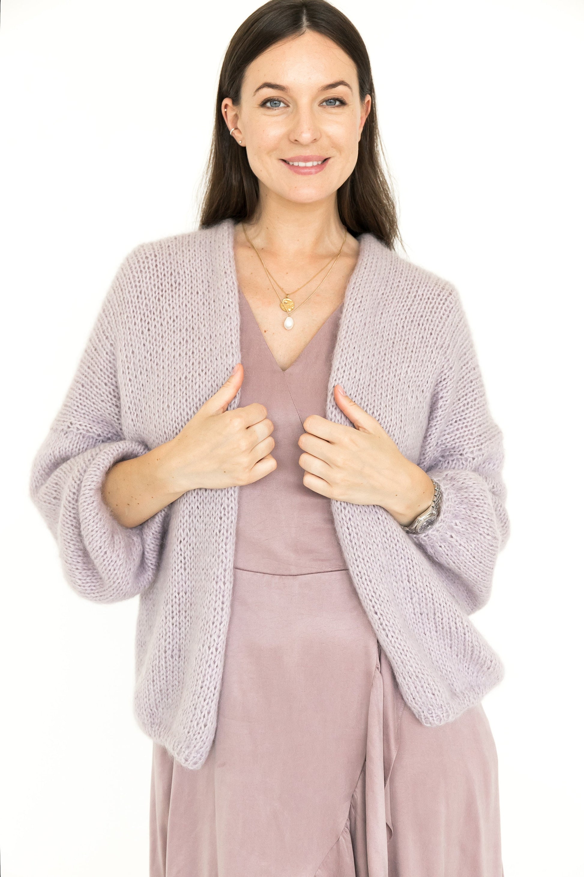 Lavender chunky knit mohair cardigan, light purple cable knitted fluffy alpaca blend sweater, lilac fuzzy slightly oversized women&#39;s jacket