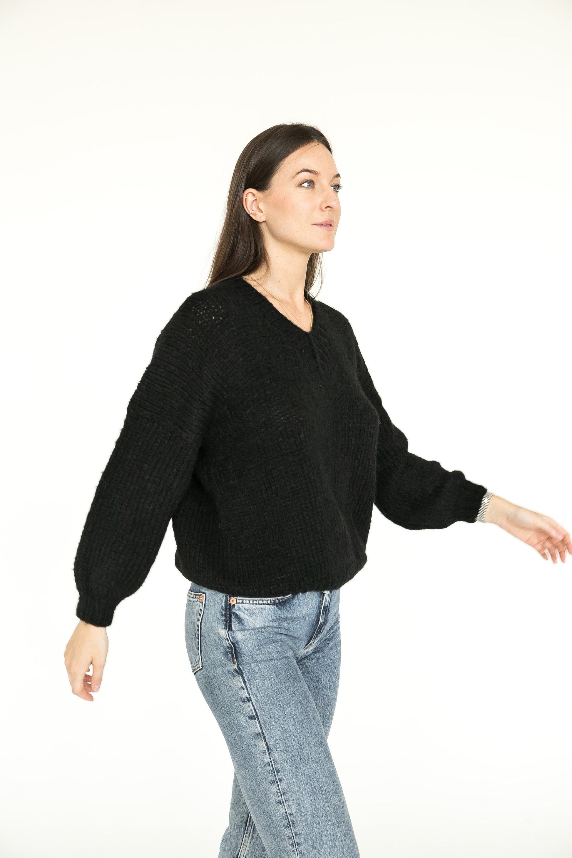 Black cable knit alpaca wool pullover, v-neck handmade cozy woman's sweater, thick Scandinavian slightly oversized chunky women's jumper