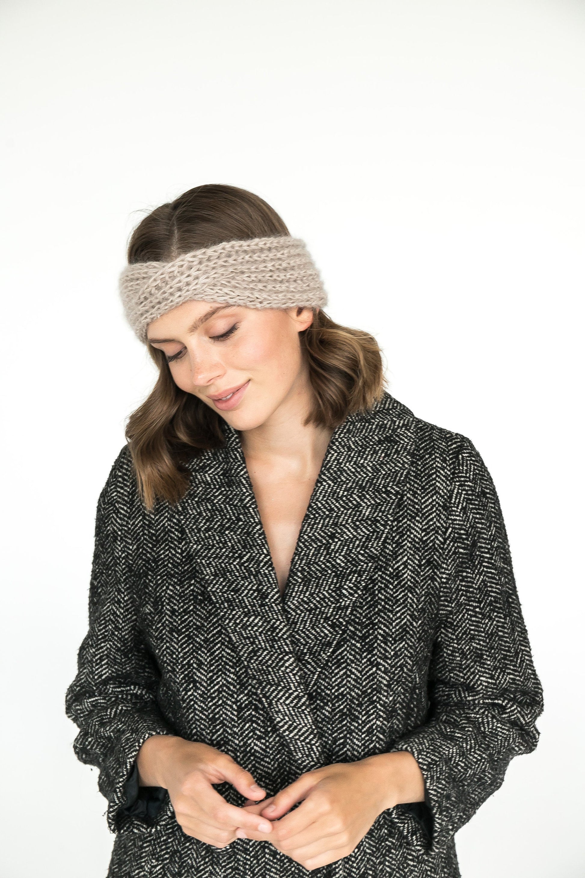 Beige ear warmer, nude winter headband, rib knit mohair truban, earmuff for woman, winter accessories, alpaca wool headband, gift for her