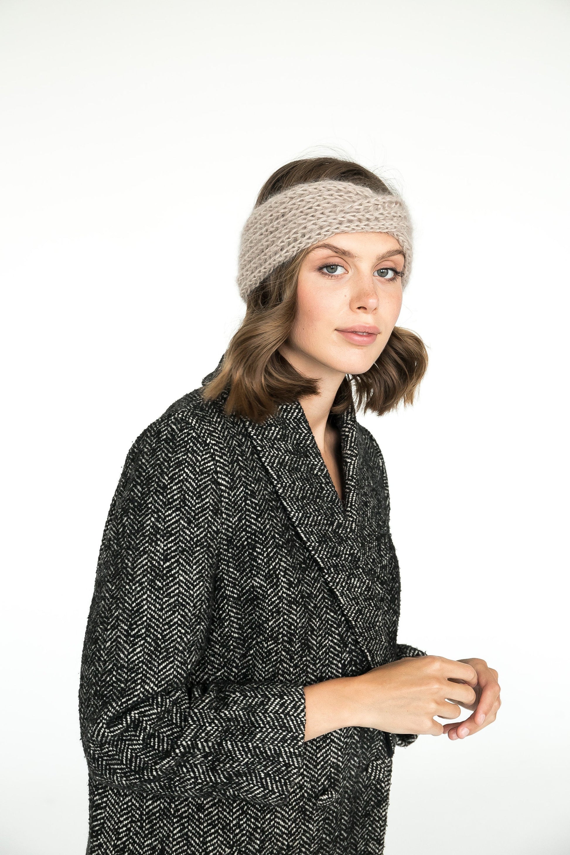 Beige ear warmer, nude winter headband, rib knit mohair truban, earmuff for woman, winter accessories, alpaca wool headband, gift for her