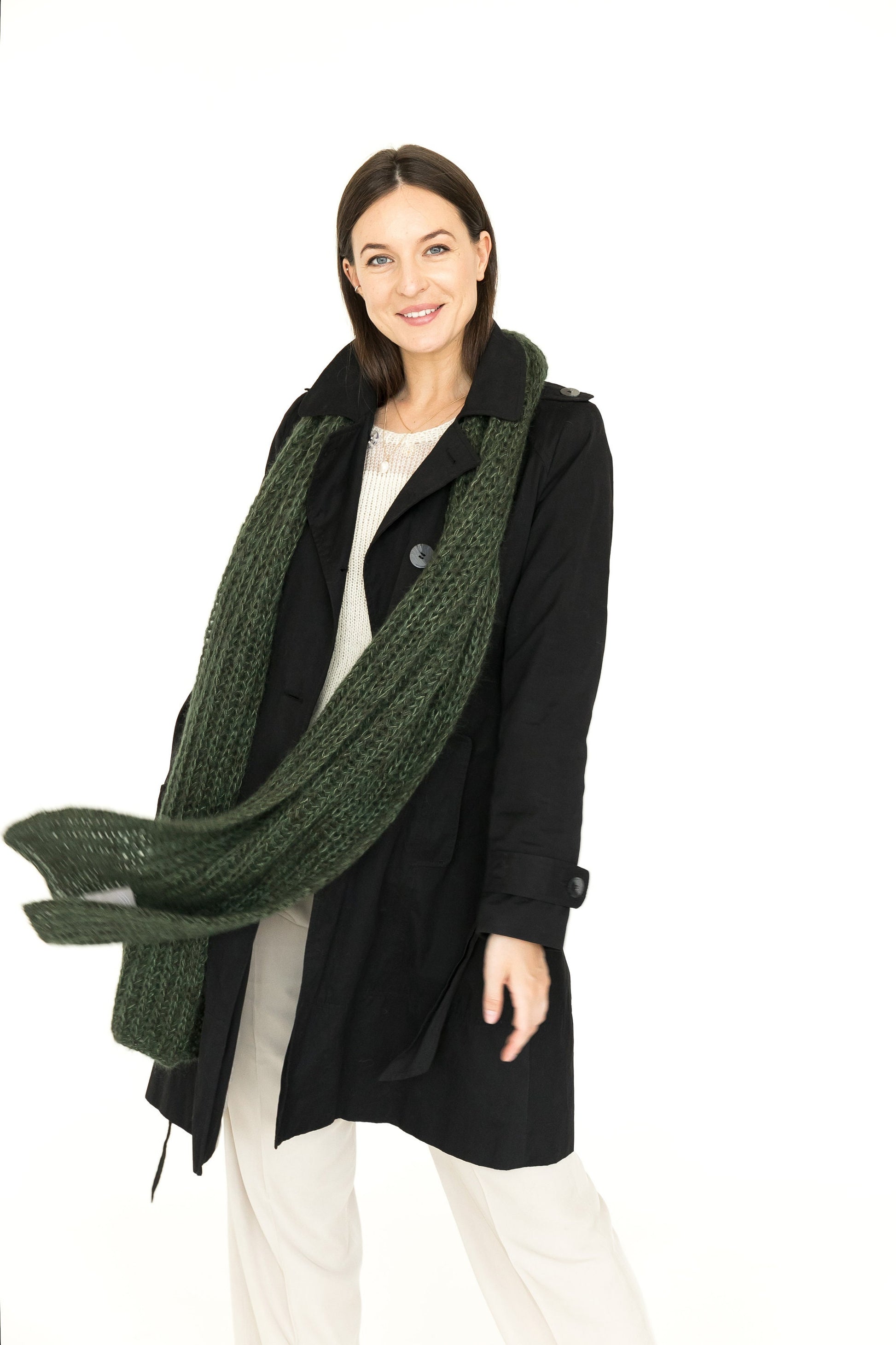 Green mohair scarf, chunky knit oversize scarf, moss green blanket scarf, alpaca wool blanket, extra long neck warmer, woman winter wrap