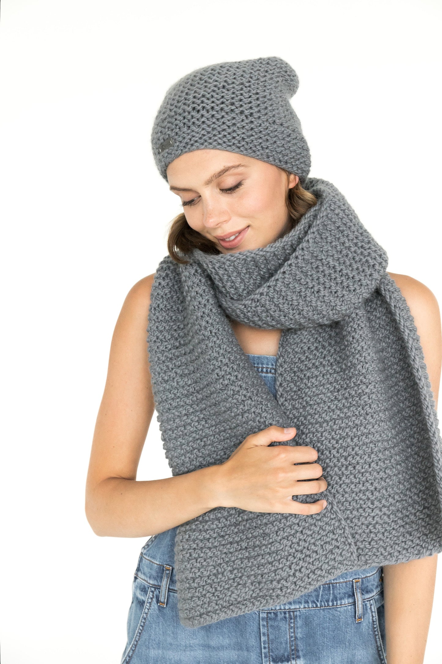 Gray hat and scarf set, rib knit wrap, slouchy beanie hat, woman oversize scarf, chunky knit blanket, alpaca wool hat and scarf set, gift