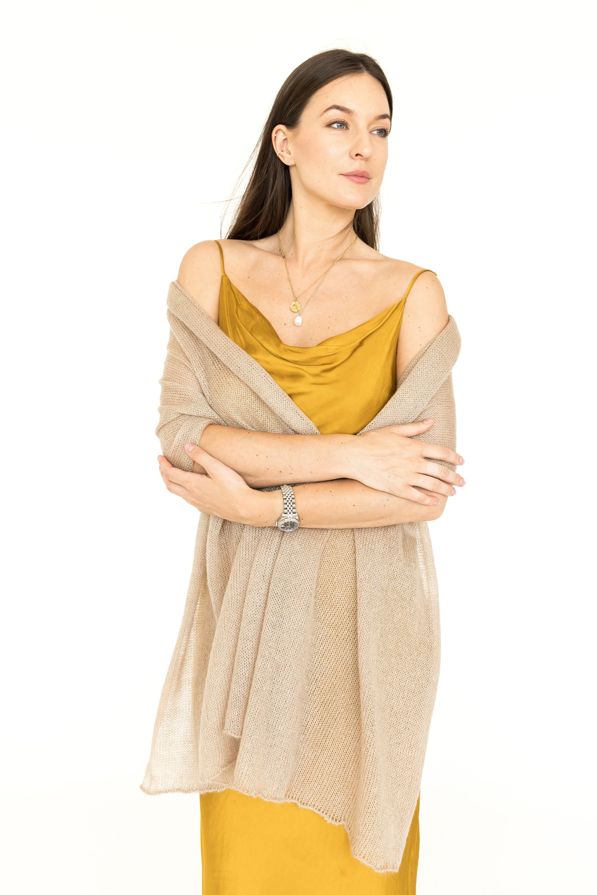 Beige knit mohair shawl, cape with silk, nude cover up, women knit scarf, gift for her