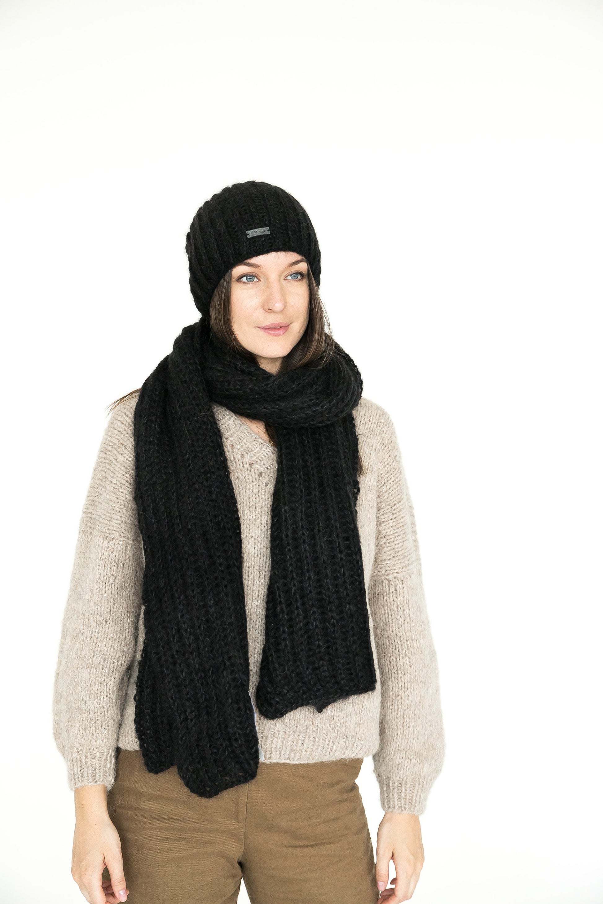 Handmade Black Ribbed Knit Mohair And Alpaca XXL Scarf And Hat Set, Cable Knitted Winter Shawl And Beanie Set, Warm Minimalism Woman's Gift