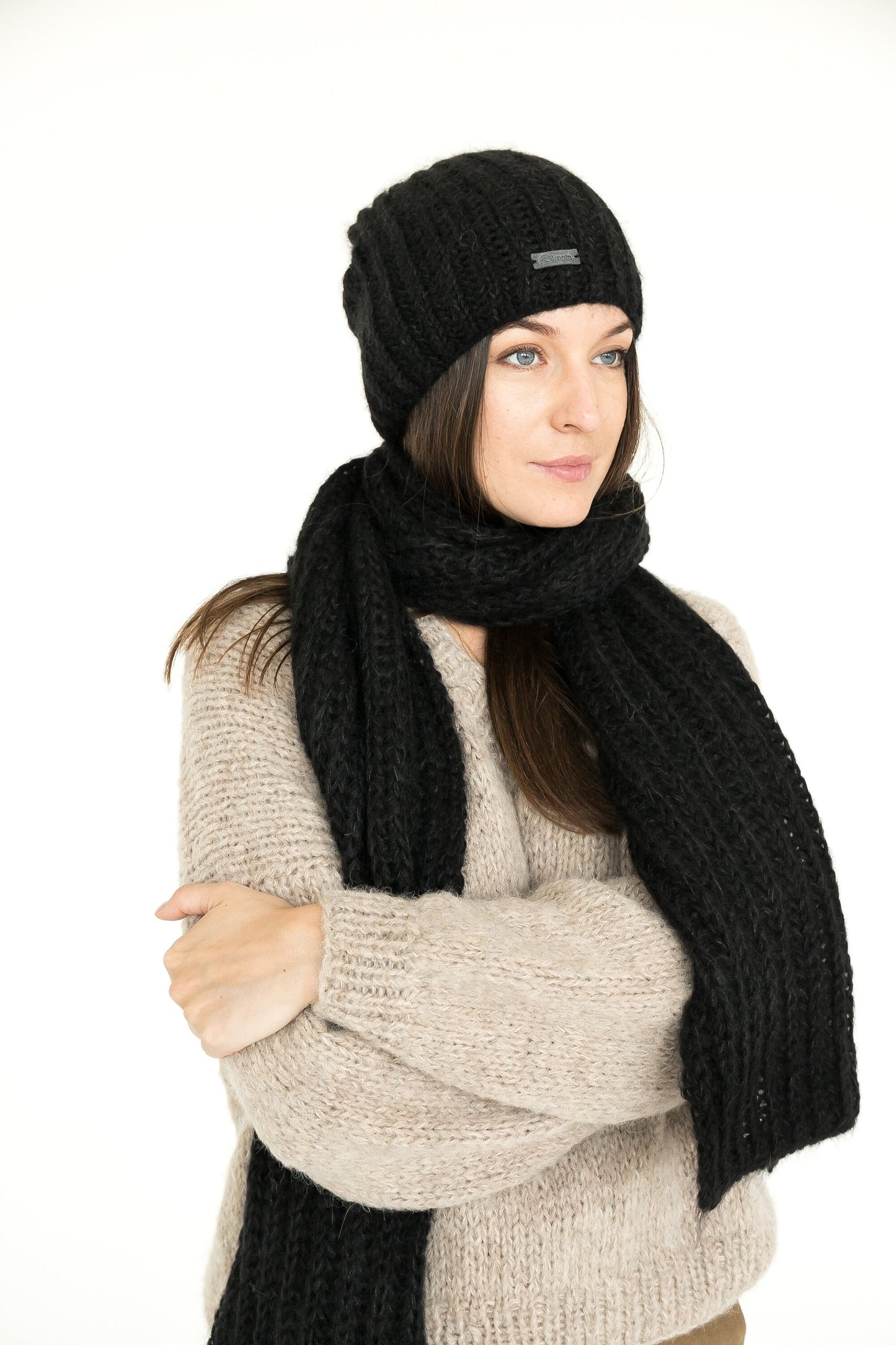 Handmade Black Ribbed Knit Mohair And Alpaca XXL Scarf And Hat Set, Cable Knitted Winter Shawl And Beanie Set, Warm Minimalism Woman's Gift