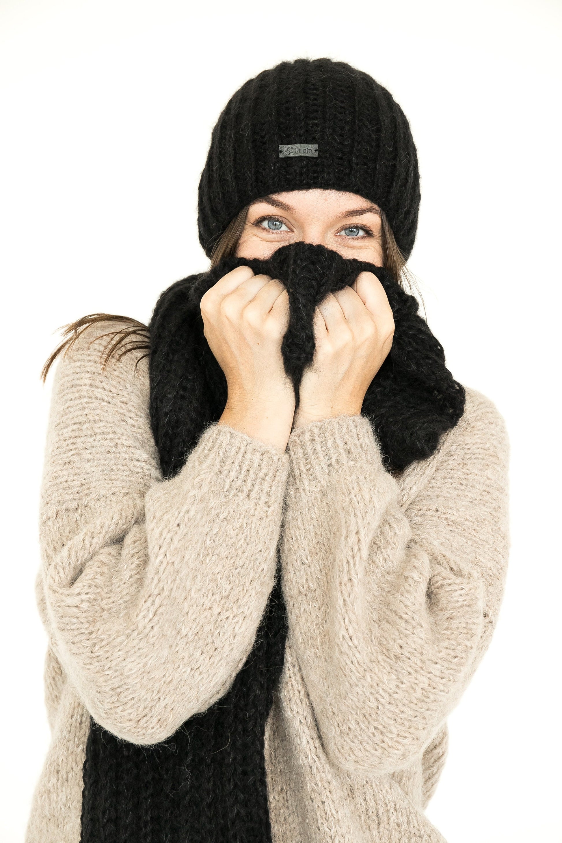 Handmade Black Ribbed Knit Mohair And Alpaca XXL Scarf And Hat Set, Cable Knitted Winter Shawl And Beanie Set, Warm Minimalism Woman's Gift