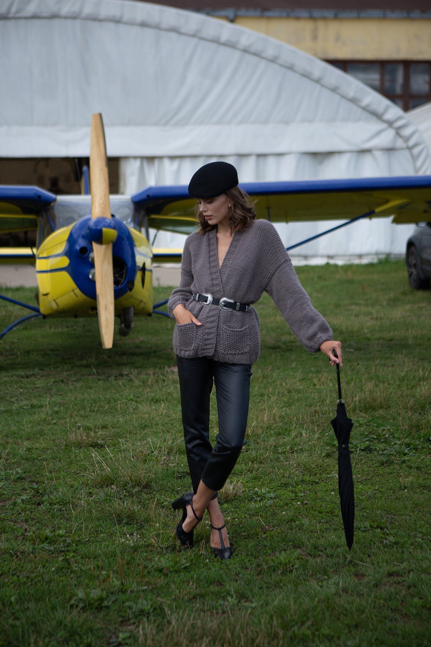Oversize cable knit cardigan with pockets, chunky knit brown aplaca sweater