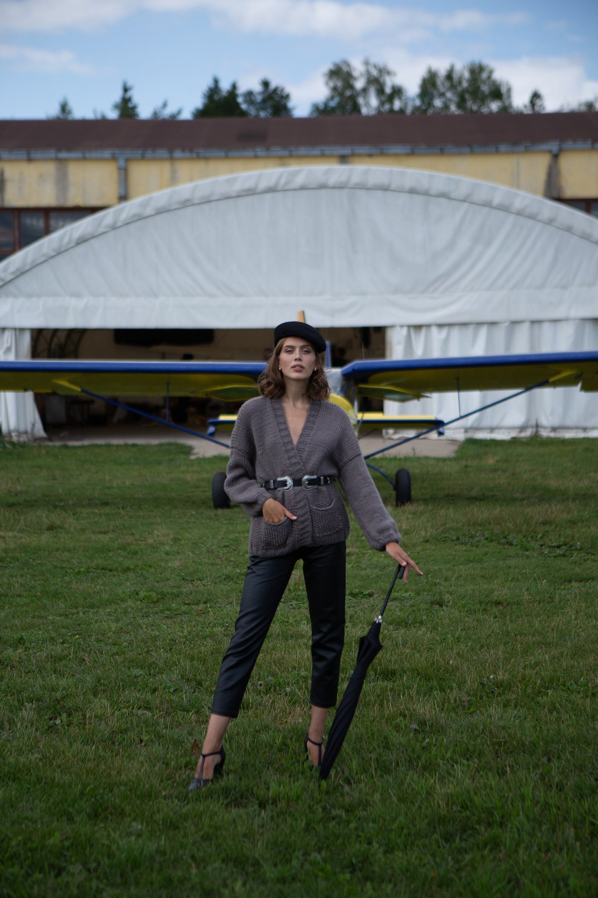 Oversize cable knit cardigan with pockets, chunky knit brown aplaca sweater