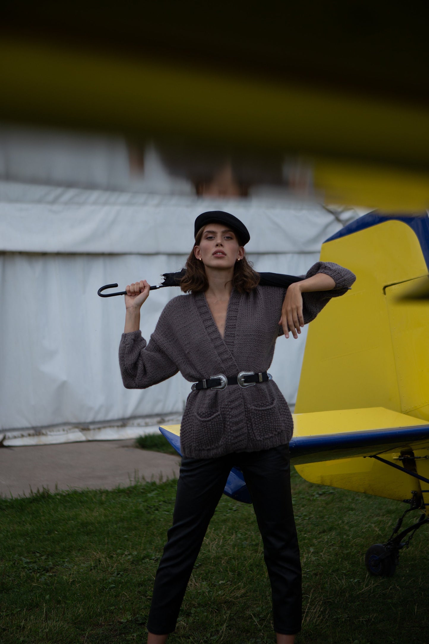 Oversize cable knit cardigan with pockets, chunky knit brown aplaca sweater