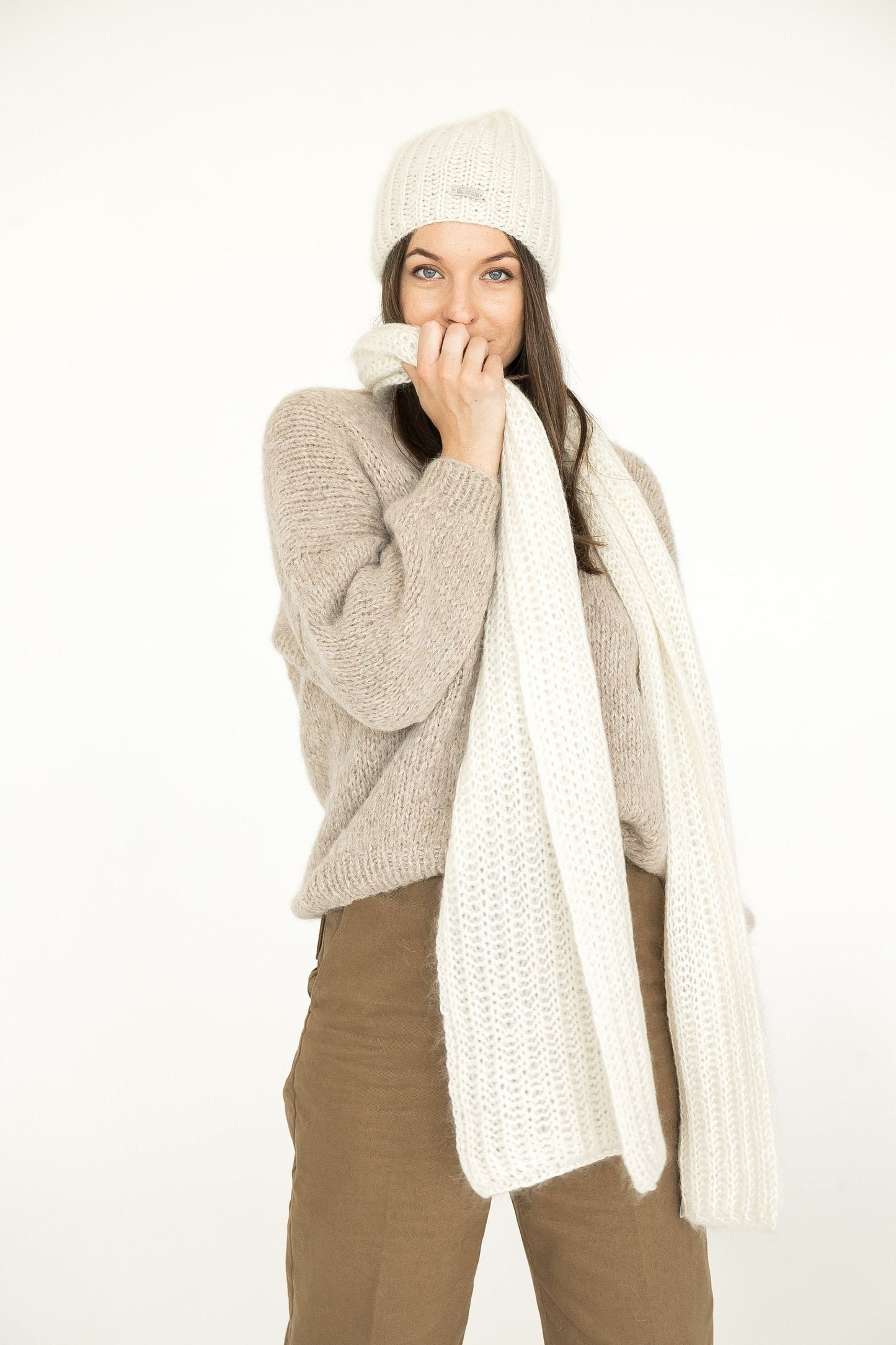 READY TO SHIP. Knit hat and scarf set. Lovely women's mohair scarf and mohair hat. Fuzzy scarf and slouchy beanie white hat.