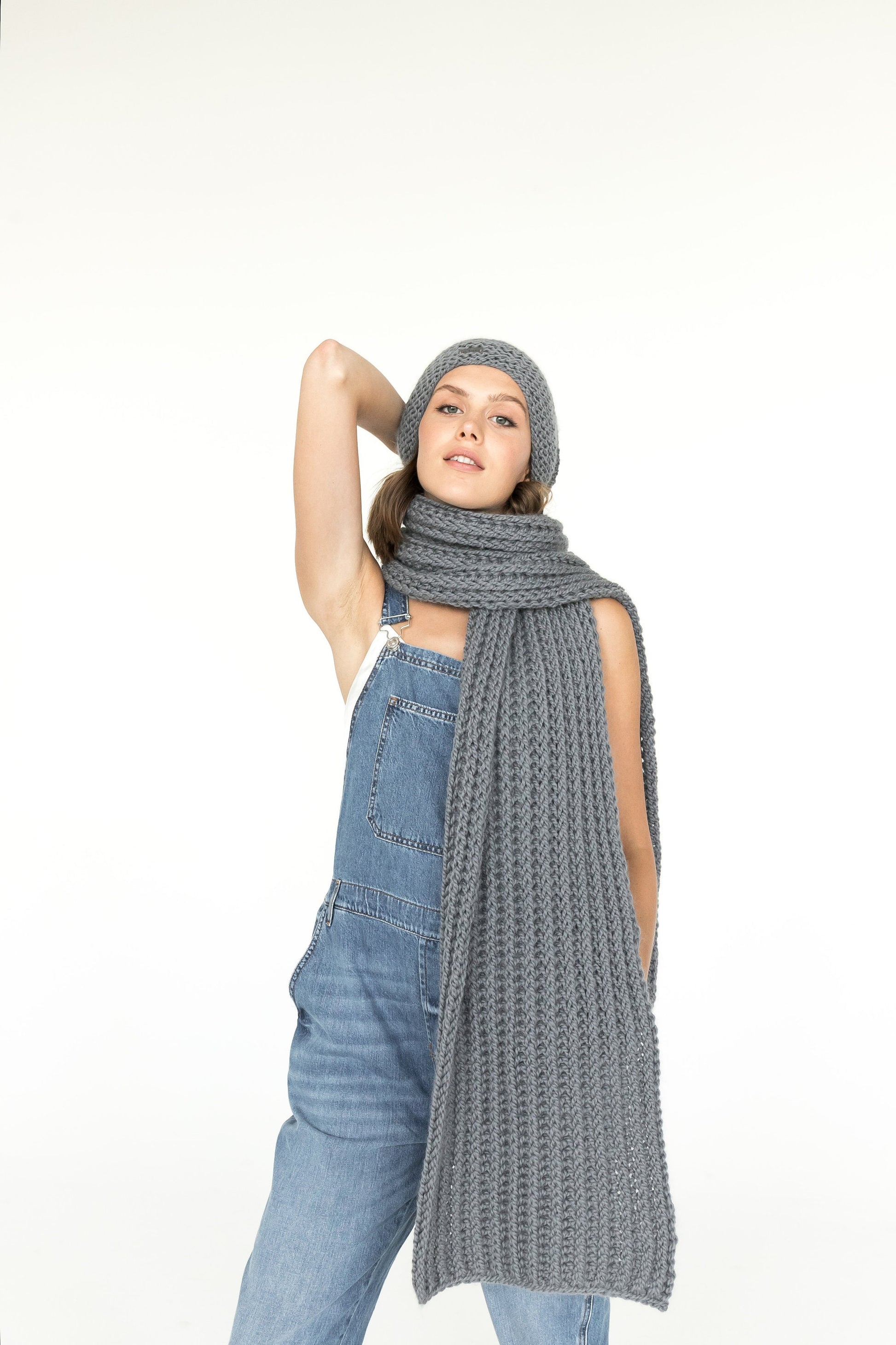 Knit hat and scarf set. Lovely women's alpaca scarf and alpaca hat. Chunky scarf and beanie gray hat.