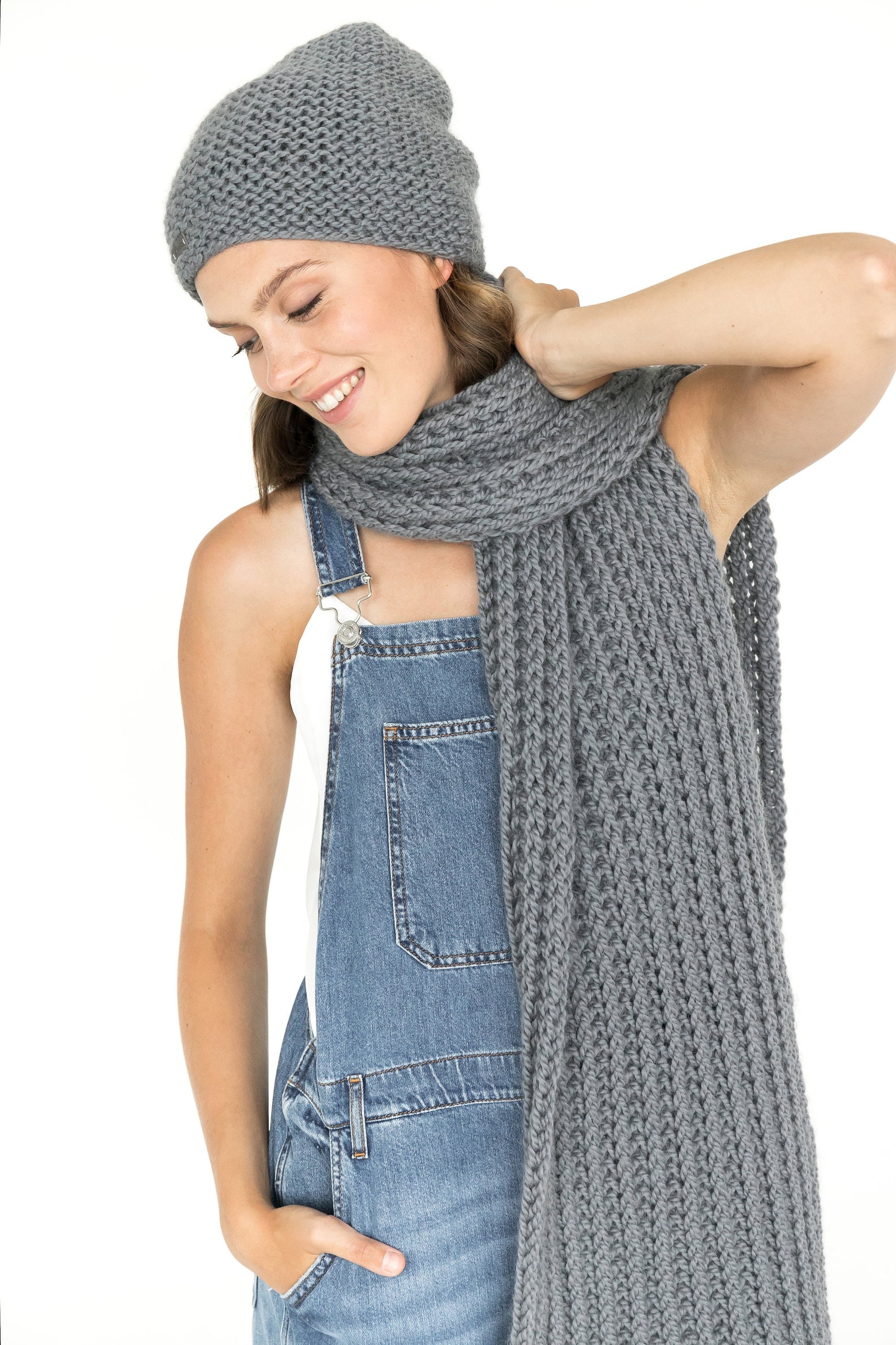 Knit hat and scarf set. Lovely women's alpaca scarf and alpaca hat. Chunky scarf and beanie gray hat.
