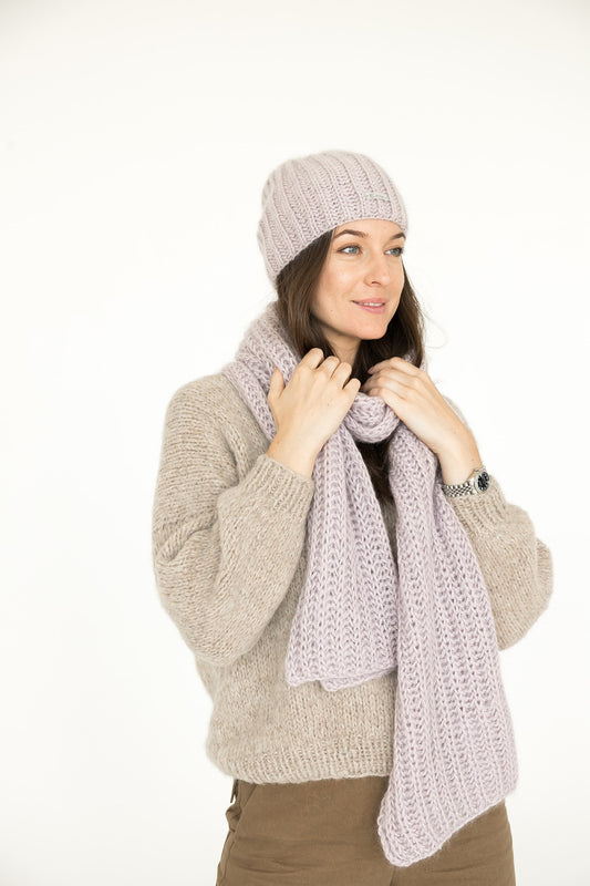 Knit hat and scarf set. Lovely women's mohair scarf and mohair hat. Fuzzy scarf and slouchy beanie purple hat.