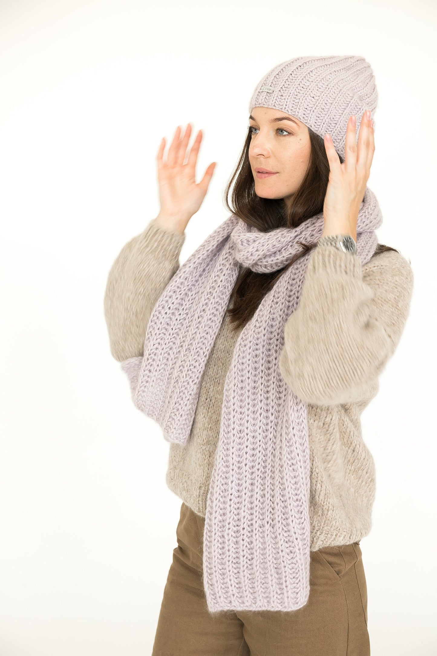 Knit hat and scarf set. Lovely women's mohair scarf and mohair hat. Fuzzy scarf and slouchy beanie purple hat.