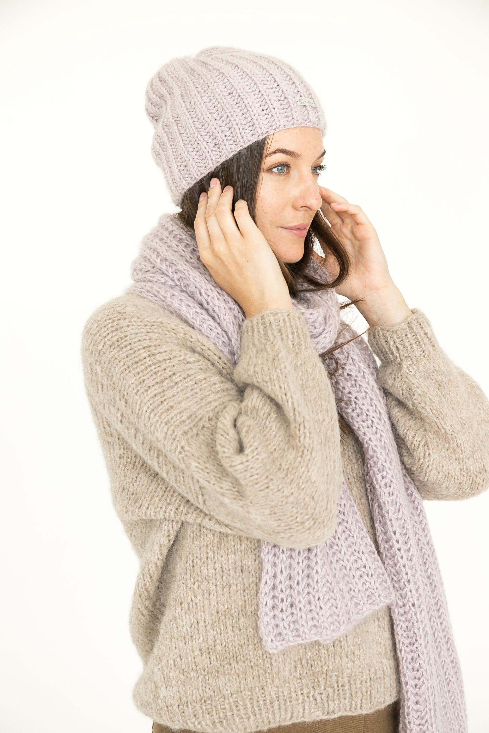 Knit hat and scarf set. Lovely women's mohair scarf and mohair hat. Fuzzy scarf and slouchy beanie purple hat.