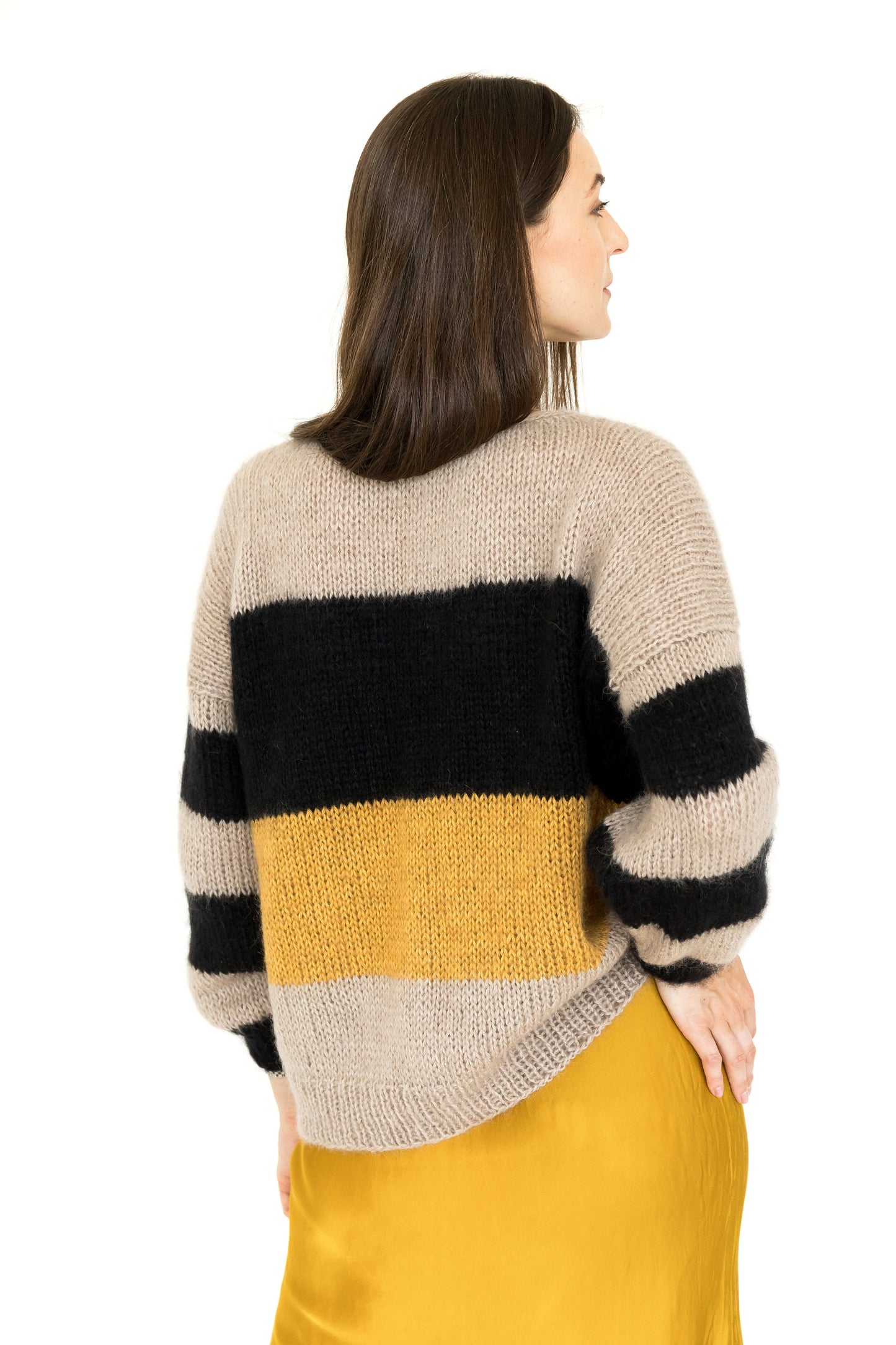 Striped mohair sweater, beige, yellow mustard, black stripes, cable knit fuzzy alpaca wool blend jumper, slightly oversized fluffy pullover