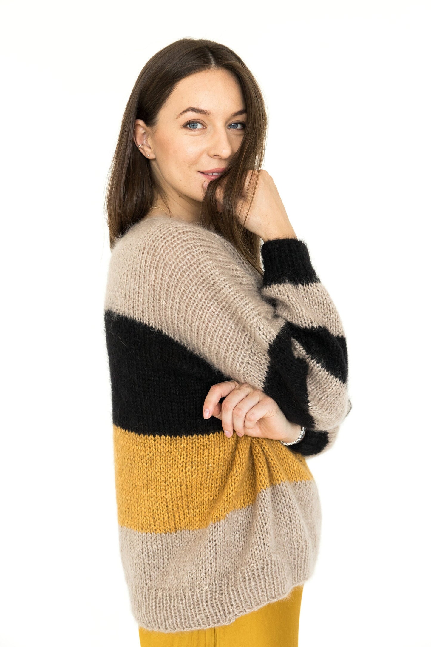 Striped mohair sweater, beige, yellow mustard, black stripes, cable knit fuzzy alpaca wool blend jumper, slightly oversized fluffy pullover