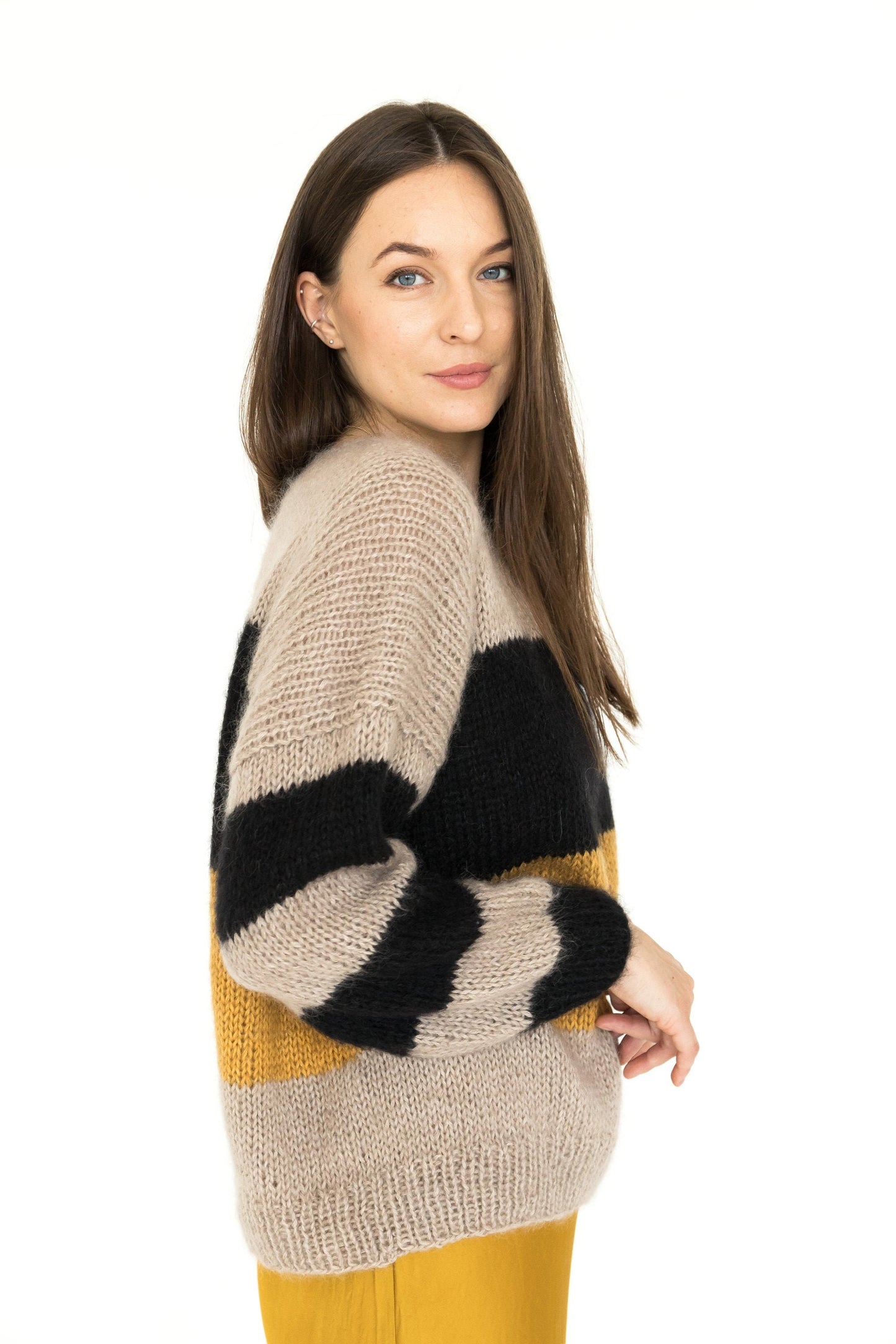 Striped mohair sweater, beige, yellow mustard, black stripes, cable knit fuzzy alpaca wool blend jumper, slightly oversized fluffy pullover