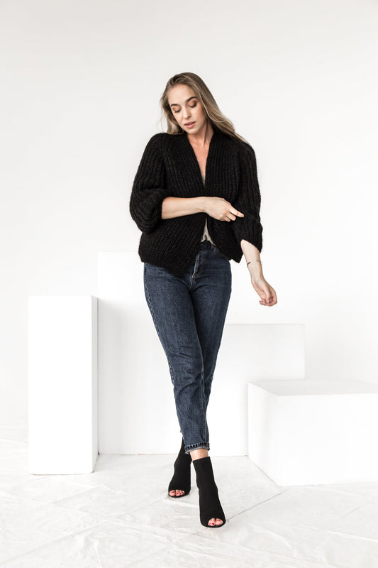 Timeless black mohair cardigan, cable knit fuzzy sweater, oversize mohair sweater, hand made chunky cardigan, strickjacke, gift for women