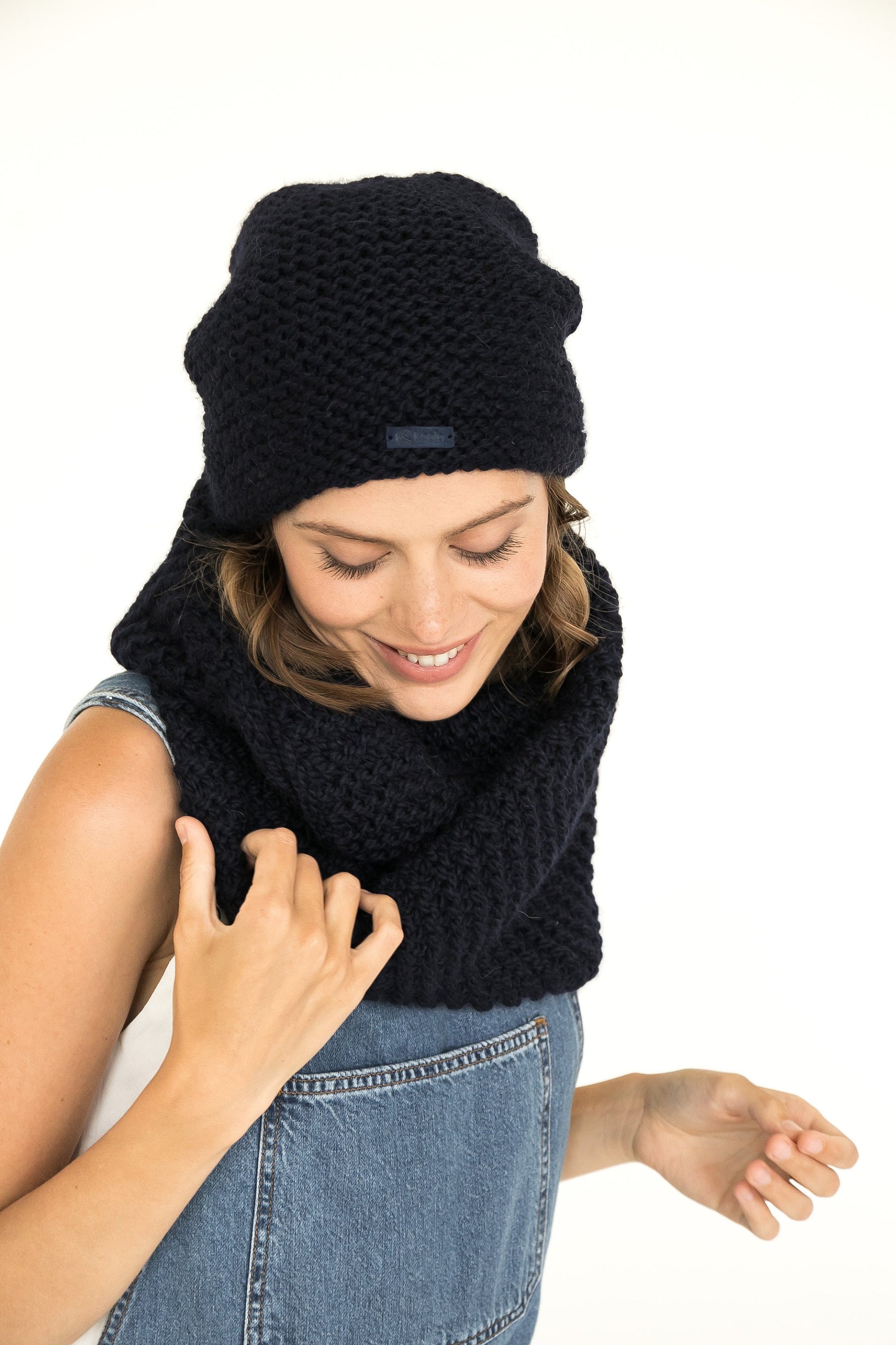 Knit hat and infinity scarf set. Lovely women's alpaca scarf and alpaca hat. Infinity scarf and beanie black hat.