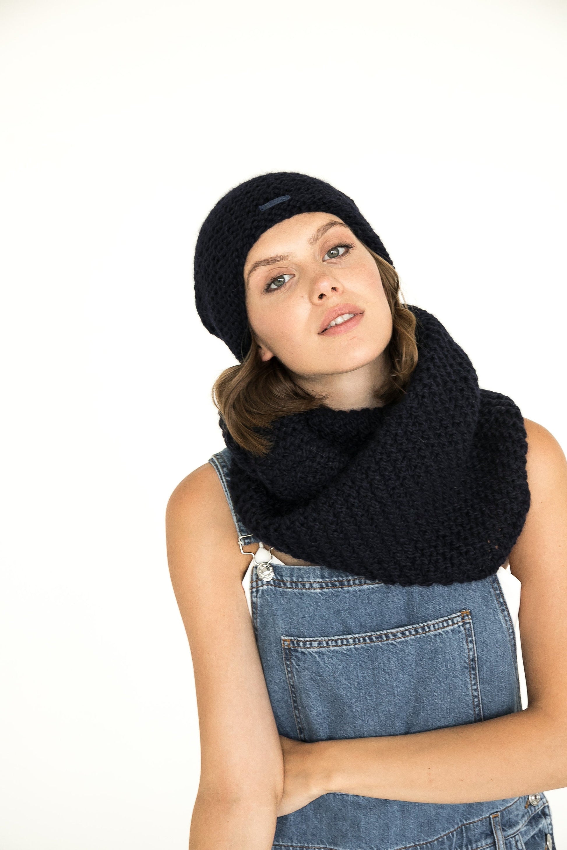 Knit hat and infinity scarf set. Lovely women's alpaca scarf and alpaca hat. Infinity scarf and beanie black hat.