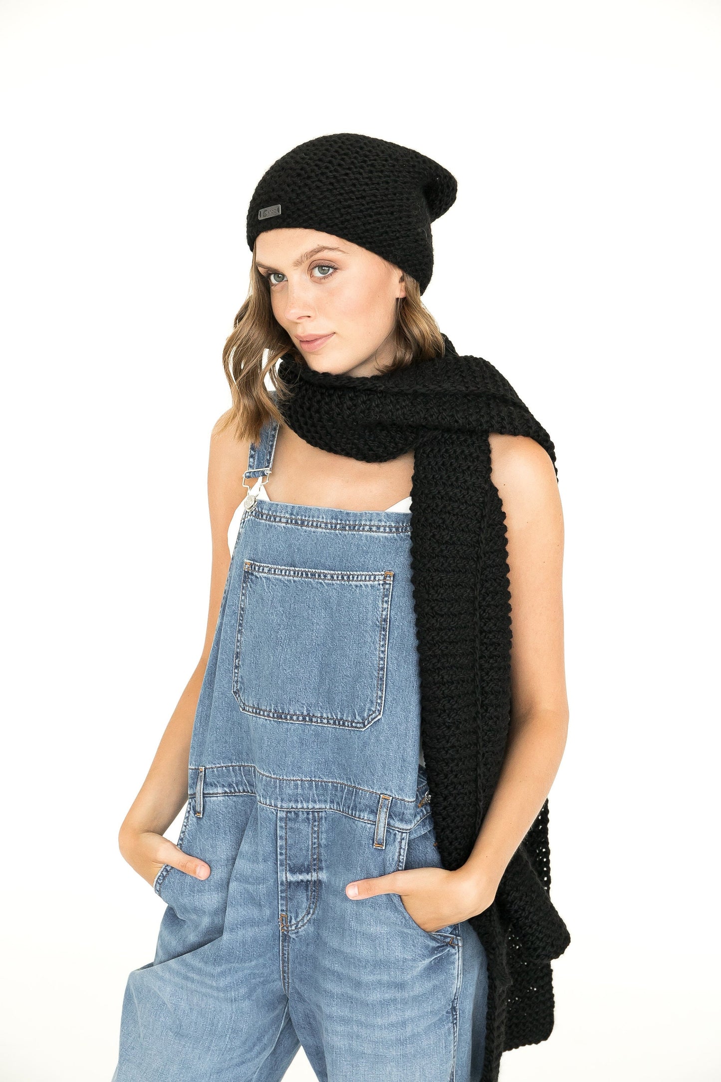 Black hat and scarf set, rib knit wrap, slouchy beanie hat, woman oversize scarf, chunky knit blanket, alpaca wool hat and scarf set, gift