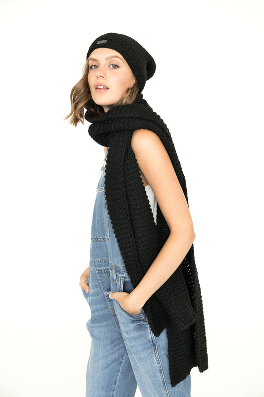 Black hat and scarf set, rib knit wrap, slouchy beanie hat, woman oversize scarf, chunky knit blanket, alpaca wool hat and scarf set, gift
