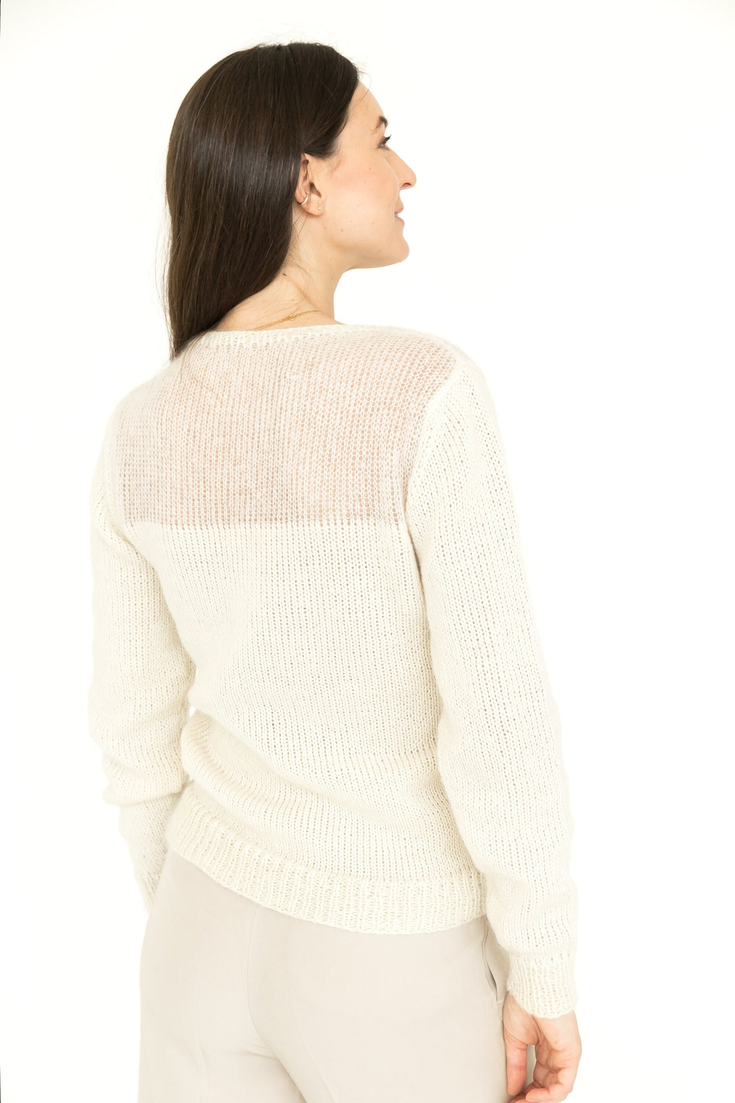 White fitted cable knit mohair blend jumper, ivory alpaca wool short hand knitted sweater, milky high-waisted handmade fall pullover, gift