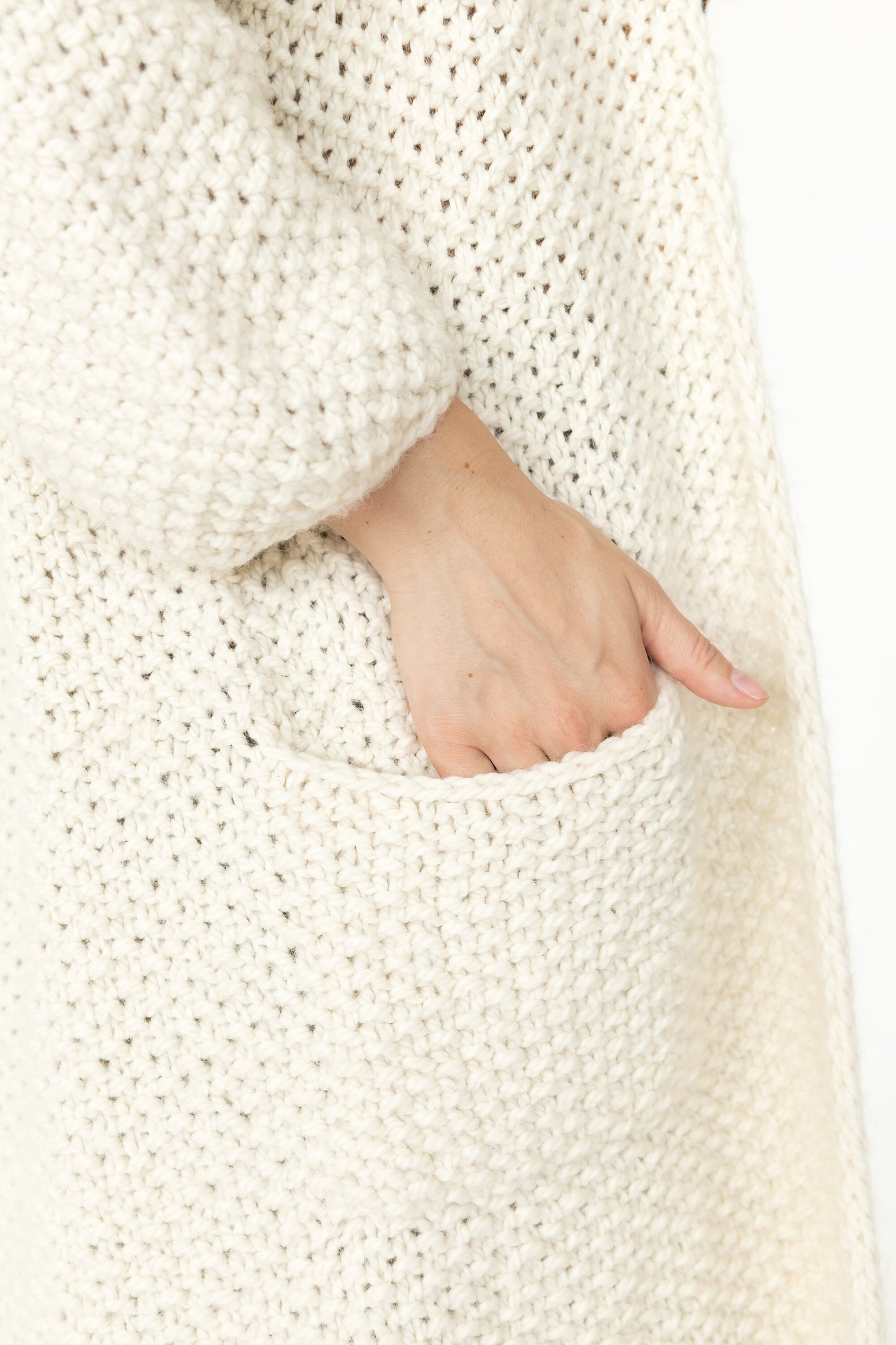 White Chunky Knit Long Cardigan With Deep Pockets, Oversized Ivory Alpaca Wool Sweater Coat, Cable Knitted Boho Cardigan With Wide Sleeves