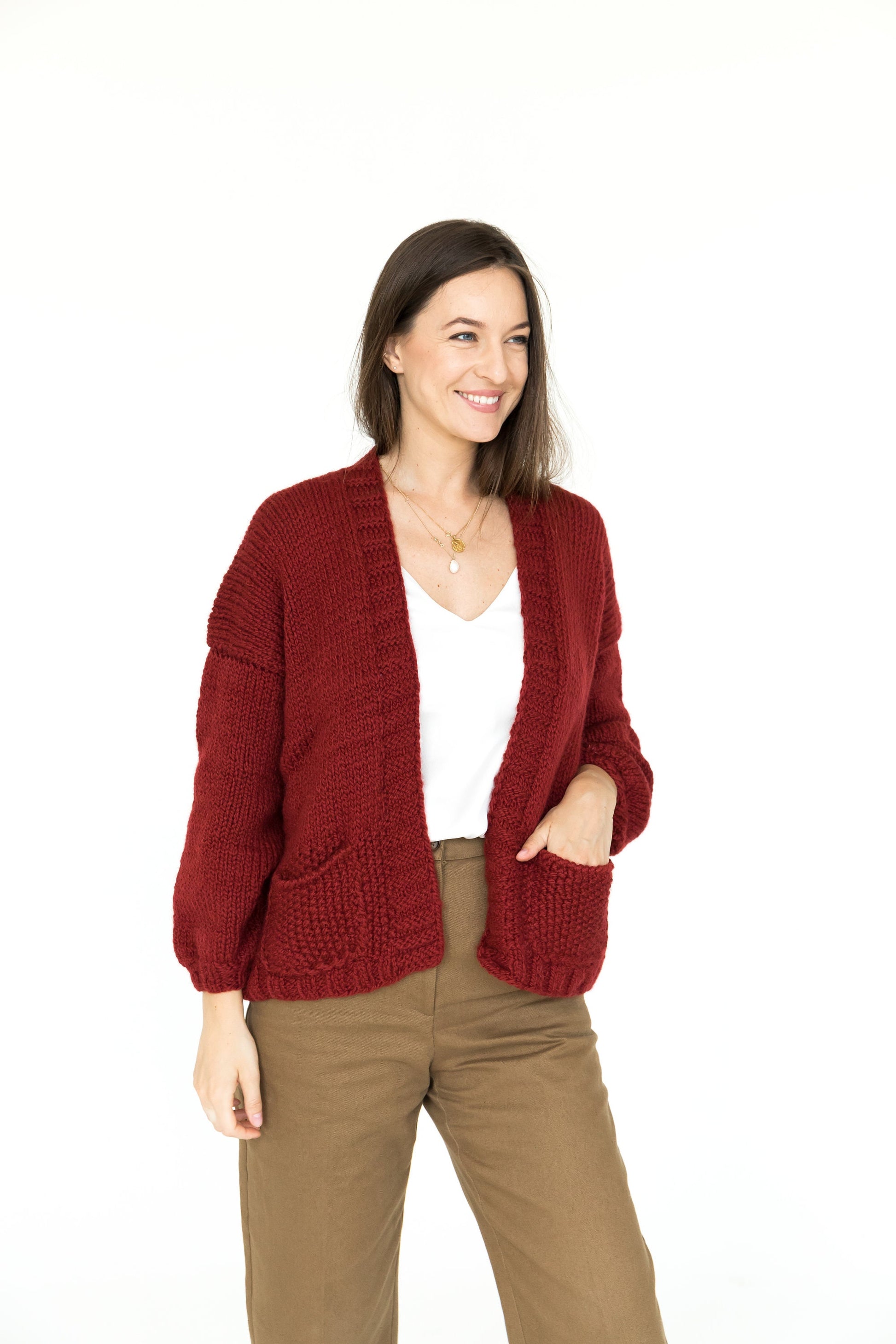 Bordeaux Chunky Knit Alpaca Wool Cardigan With Pockets, Slightly Oversized Burgundy Cable Knitted Jacket, Handmade Wool Cardigan For Women