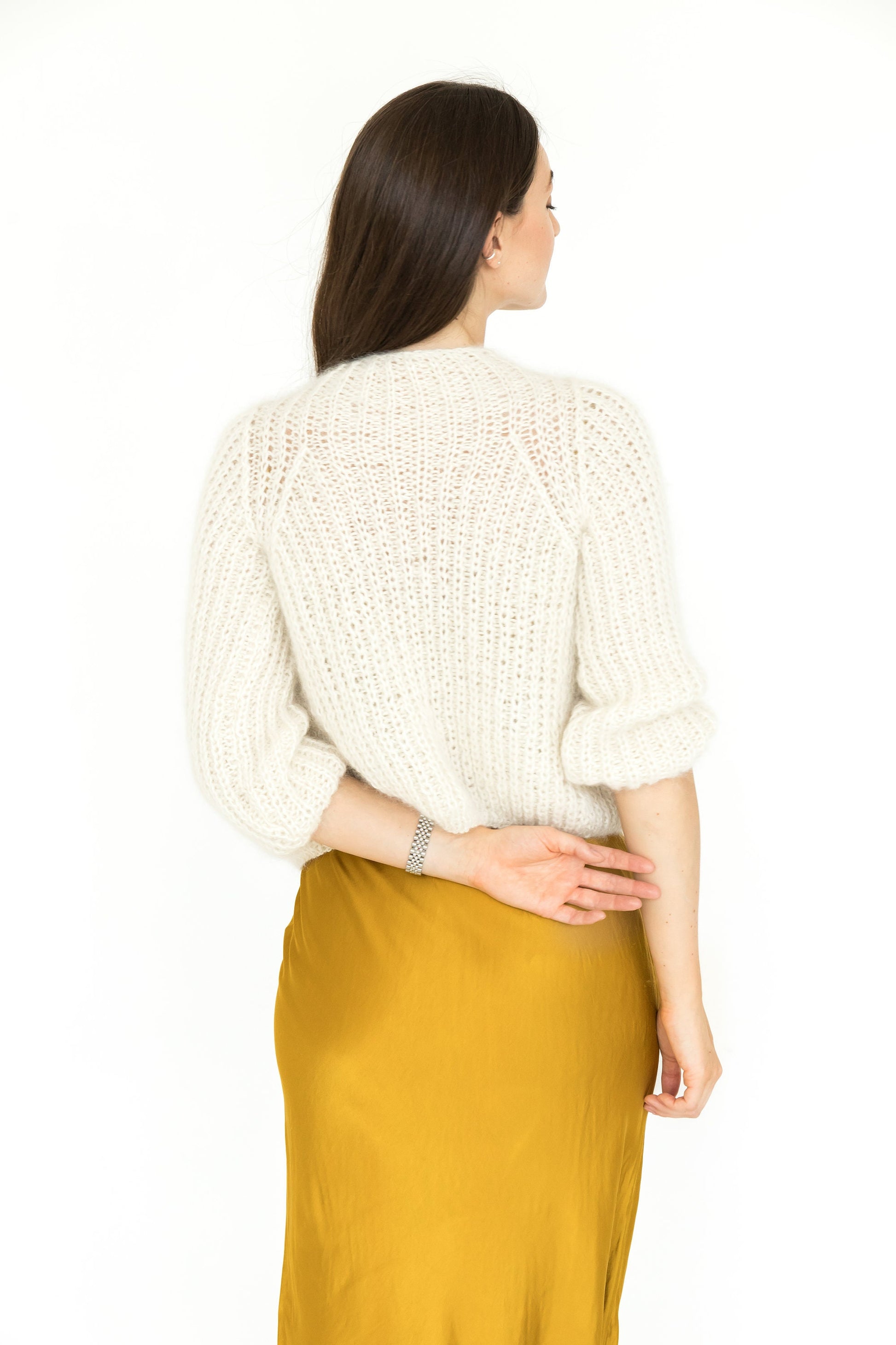 White cropped mohair wool cable knit cardigan, ivory short alpaca fluffy chunky knitted sweater, milky high-waisted fuzzy jacket for wedding