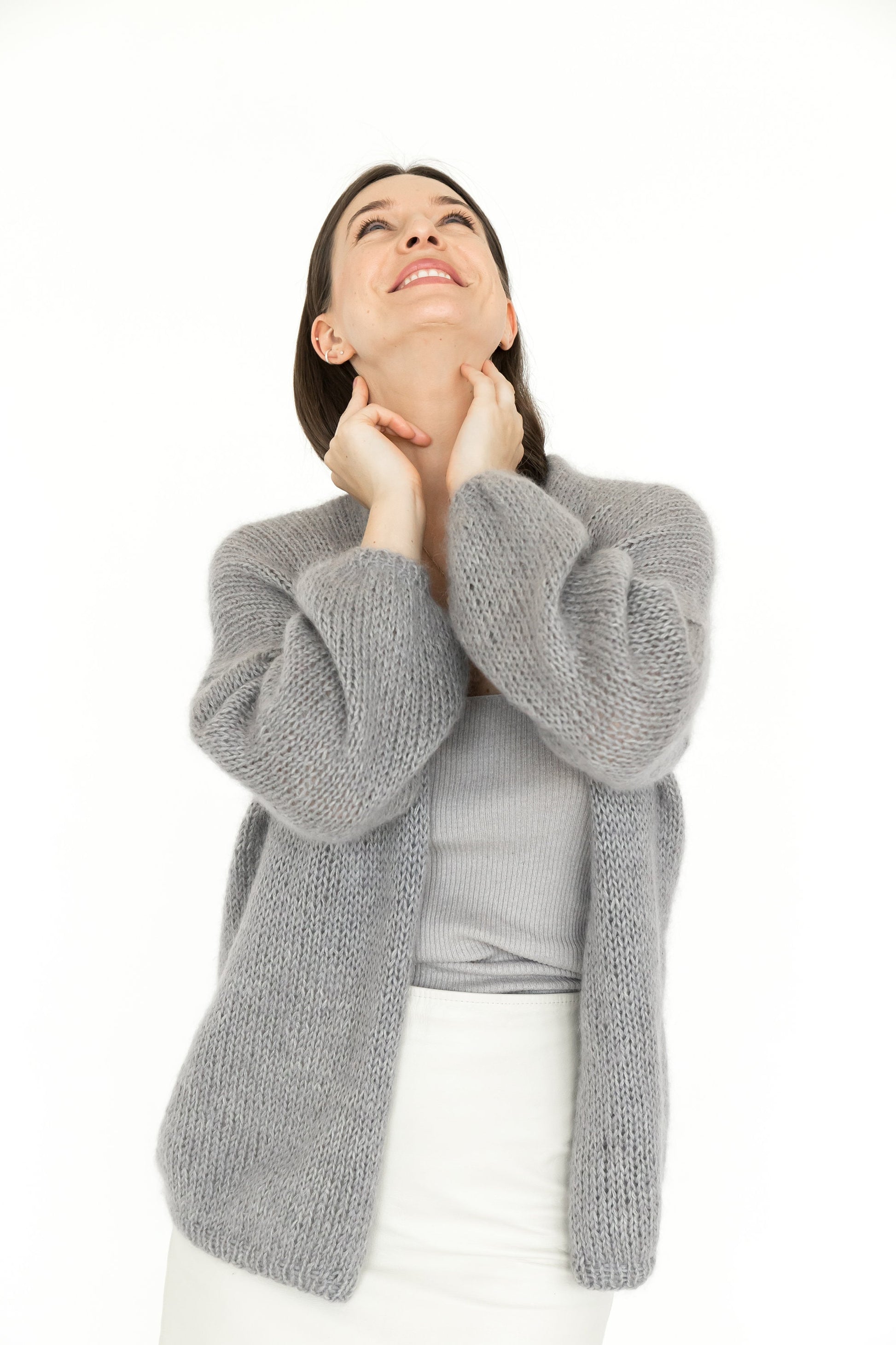 Light gray chunky knitted thick fluffy mohair cardigan, grey cable knit fuzzy handmade alpaca wool sweater,relaxed boho style fall gilet xxl