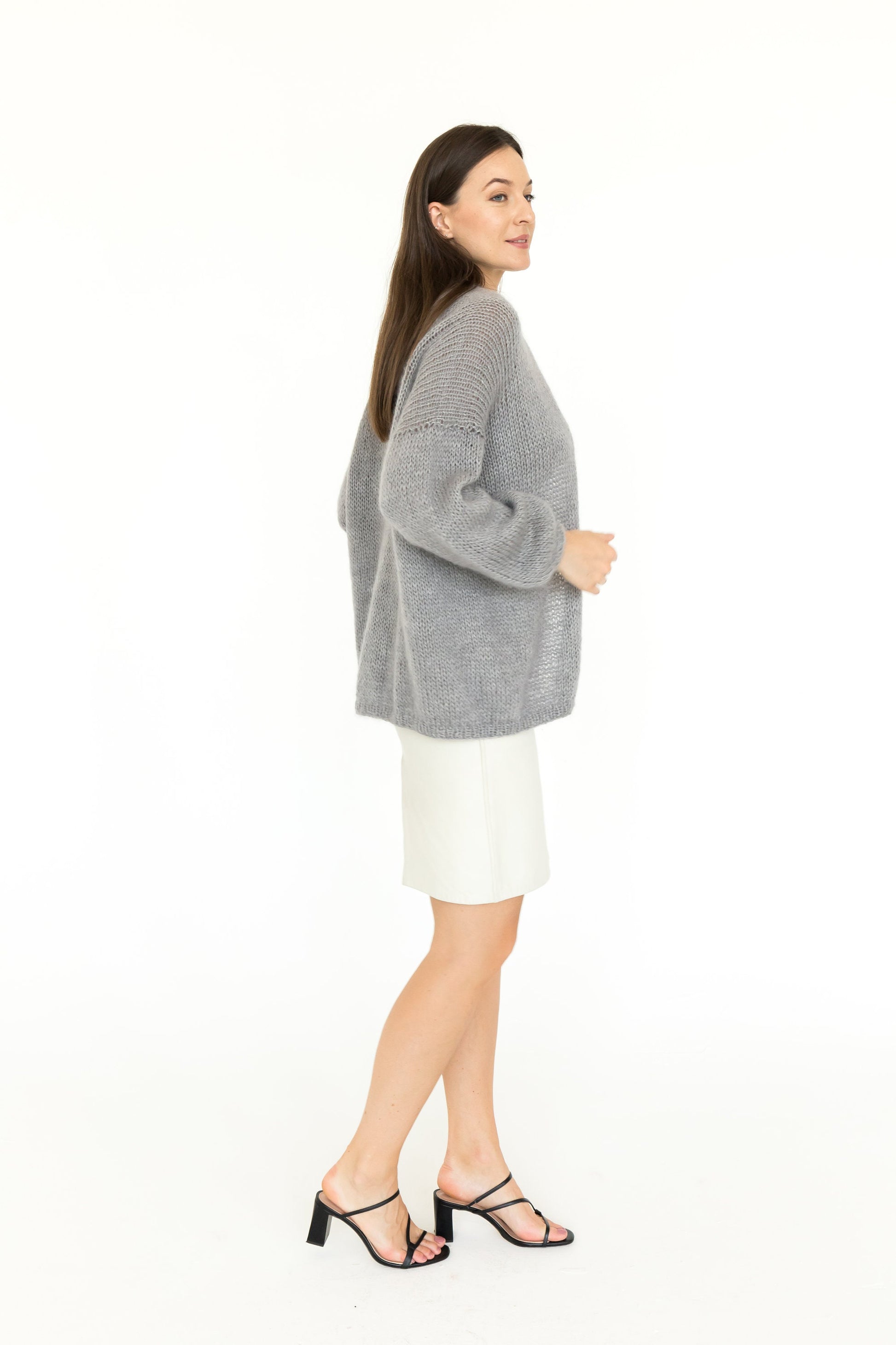 Light gray chunky knitted thick fluffy mohair cardigan, grey cable knit fuzzy handmade alpaca wool sweater,relaxed boho style fall gilet xxl