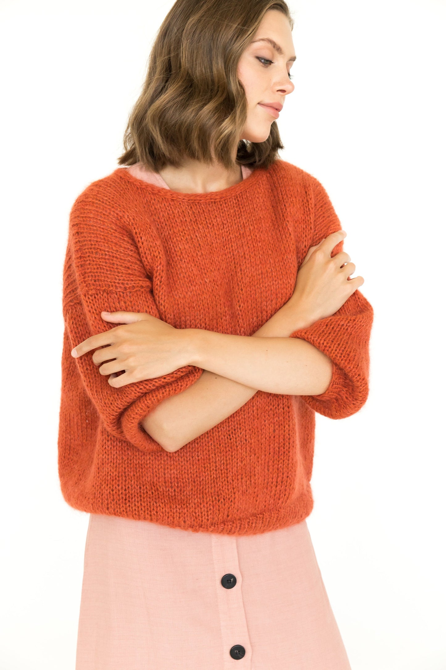 Burned orange mohair sweater, fuzzy rust alpaca knitted pullover, carrot color relaxed oversized jumper, fluffy cable knit sweater for women