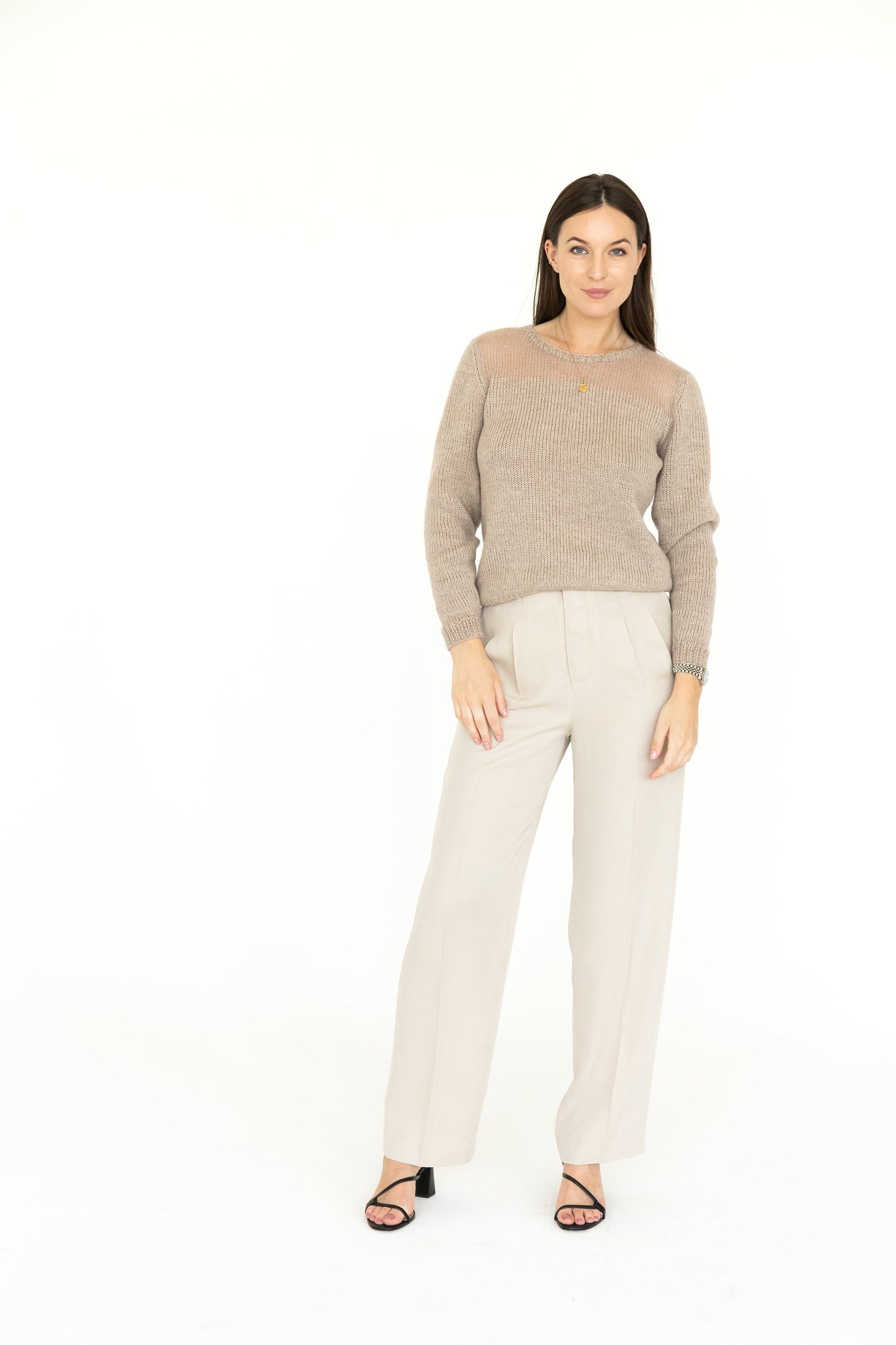 Camel fitted cable knit mohair blend jumper, beige alpaca wool short hand knitted sweater, sand high-waisted handmade fall pullover