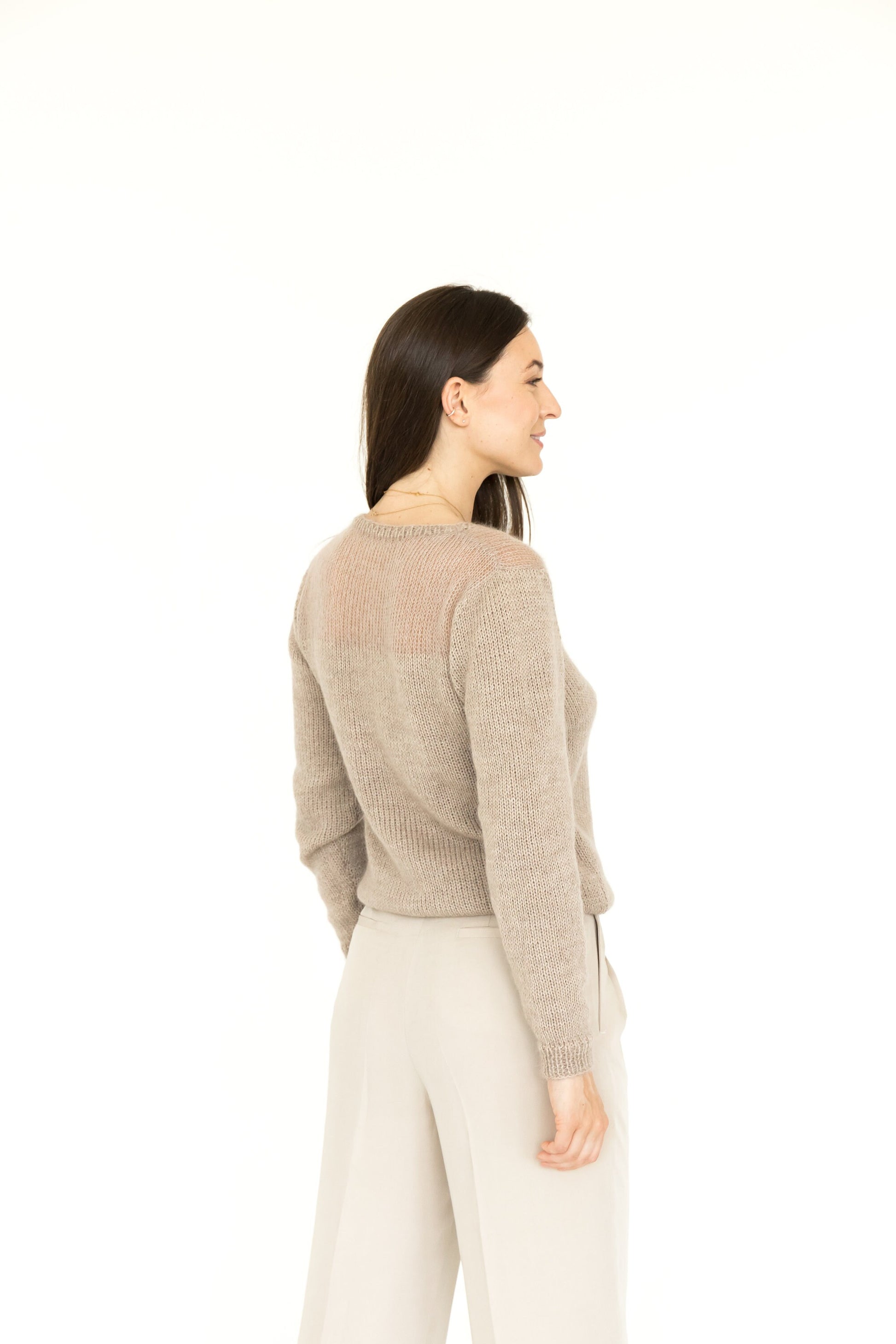 Camel fitted cable knit mohair blend jumper, beige alpaca wool short hand knitted sweater, sand high-waisted handmade fall pullover