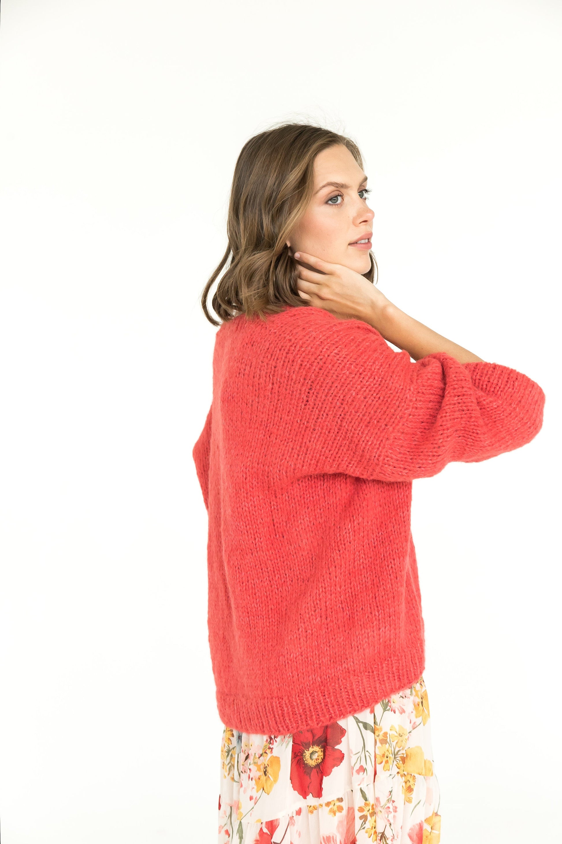 Cable knit coral V-neck alpaca wool jumper, Salmon pink hand-knitted slightly oversized sweater, peach pink women's pullover, handmade gift