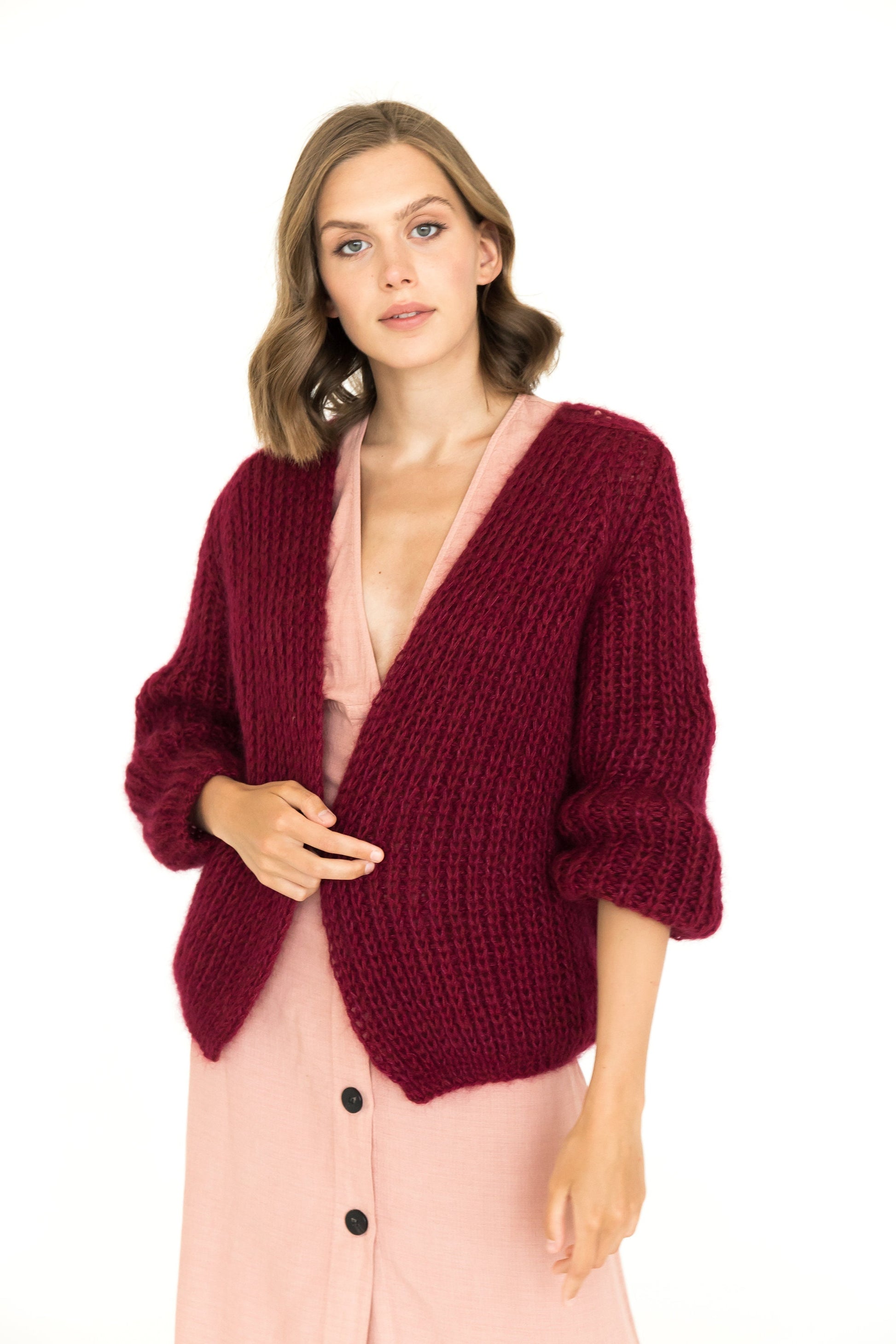 Burgundy color mohair cardigan, cable knit alpaca sweater, chunky knit alpaca cardigan, oversize mohair wool sweater, gift for women