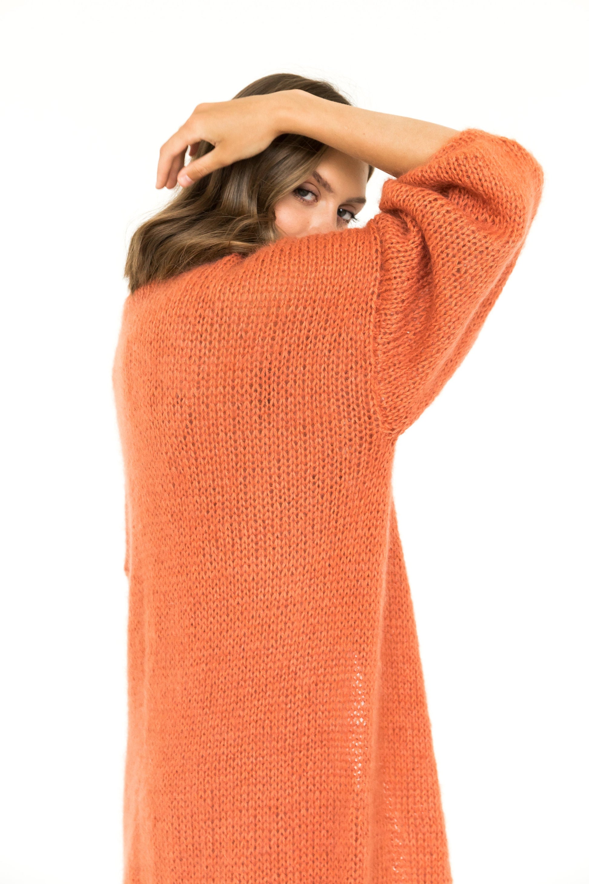 Burnt orange mohair cardigan, long cable knit sweater coat, strickjacke, chunky knit fluffy cardigan, lovely wool sweater
