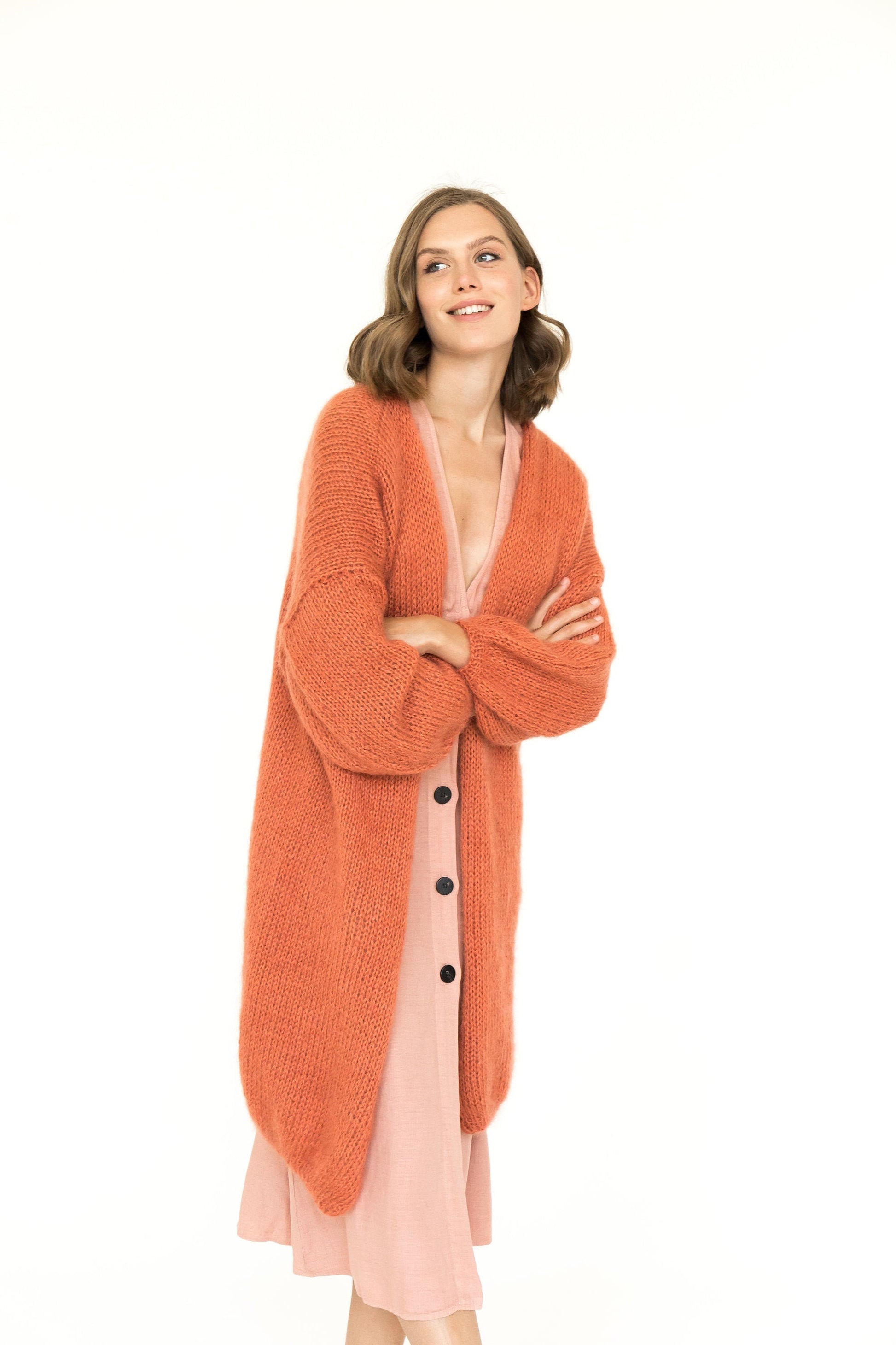 Burnt orange mohair cardigan, long cable knit sweater coat, strickjacke, chunky knit fluffy cardigan, lovely wool sweater