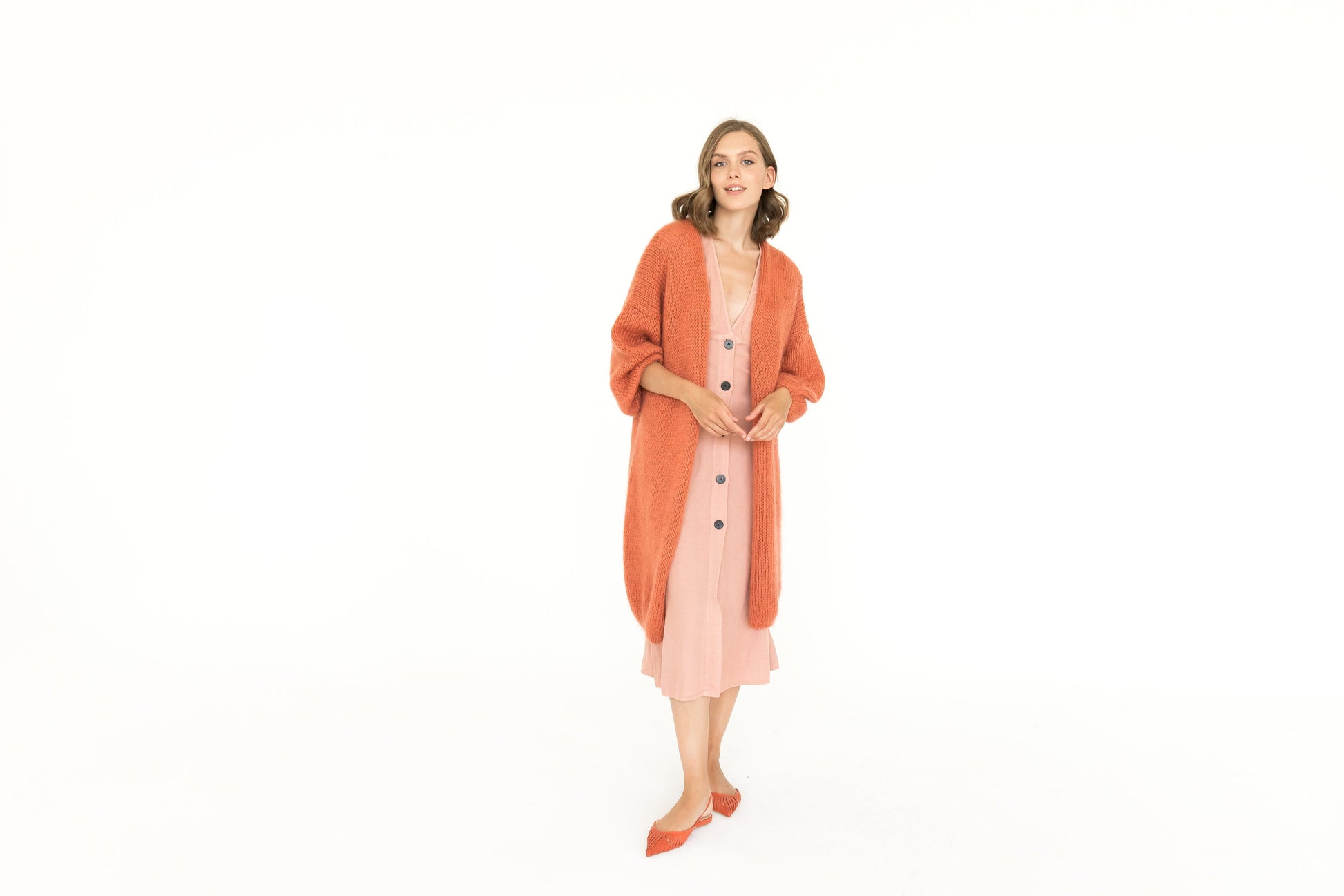 Burnt orange mohair cardigan, long cable knit sweater coat, strickjacke, chunky knit fluffy cardigan, lovely wool sweater