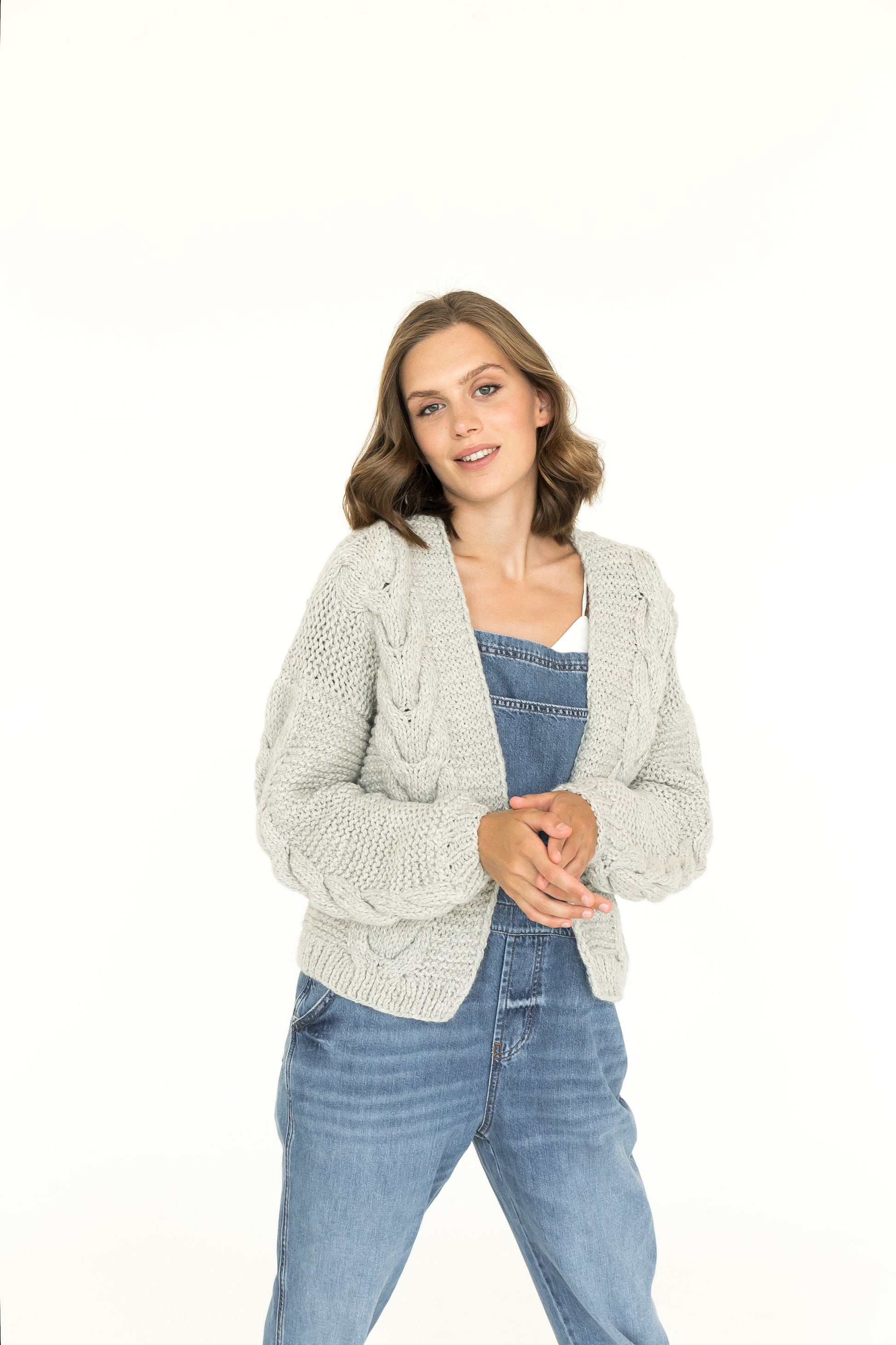 Light Gray Cable Knitted Alpaca And Lambs Wool Chunky Cardigan, Boho Moonshine Grey Handmade Bomber Jacket, Women&#39;s Hand Knit Sweater Gift