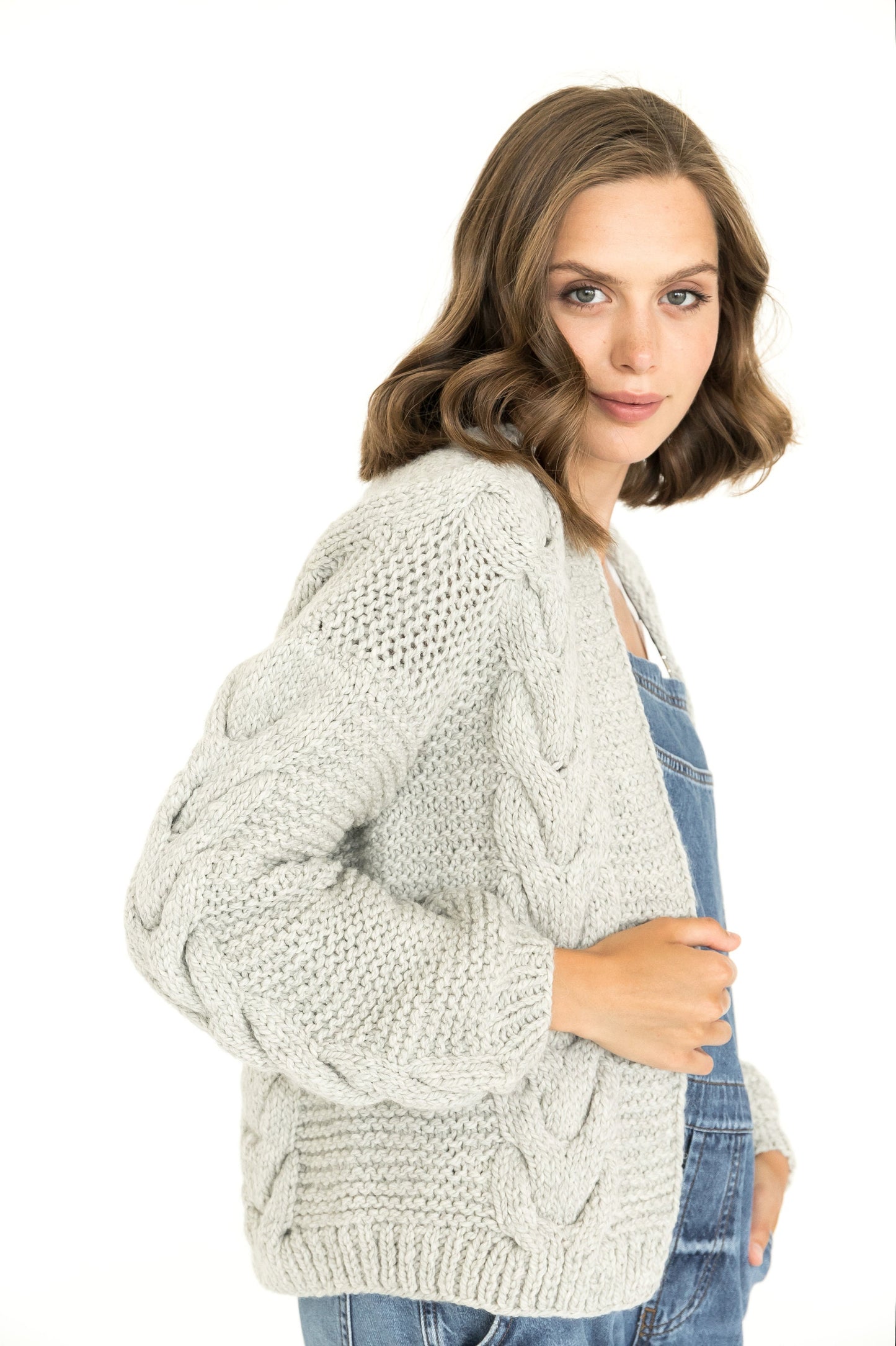Light Gray Cable Knitted Alpaca And Lambs Wool Chunky Cardigan, Boho Moonshine Grey Handmade Bomber Jacket, Women&#39;s Hand Knit Sweater Gift