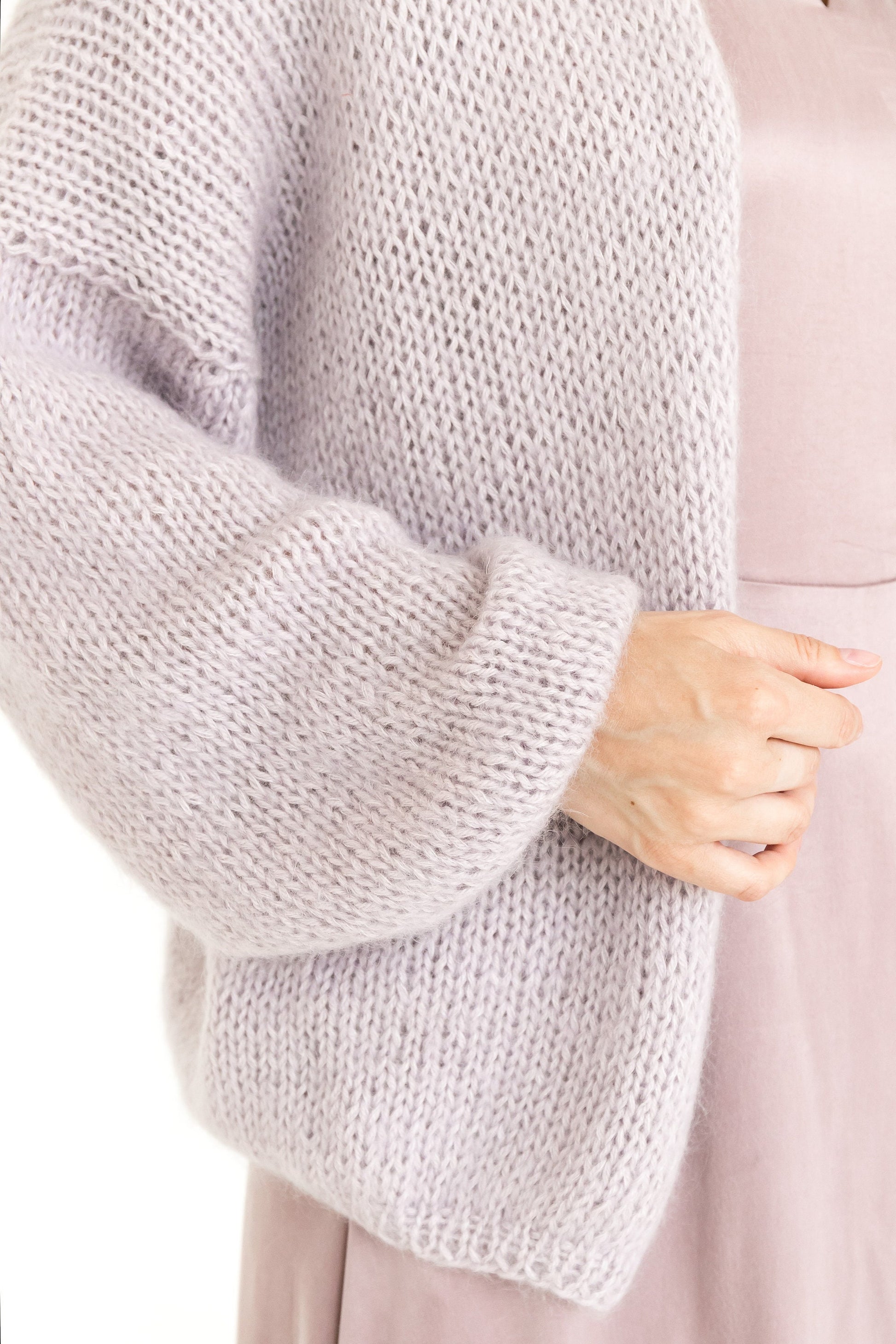 Lavender chunky knit mohair cardigan, light purple cable knitted fluffy alpaca blend sweater, lilac fuzzy slightly oversized women&#39;s jacket