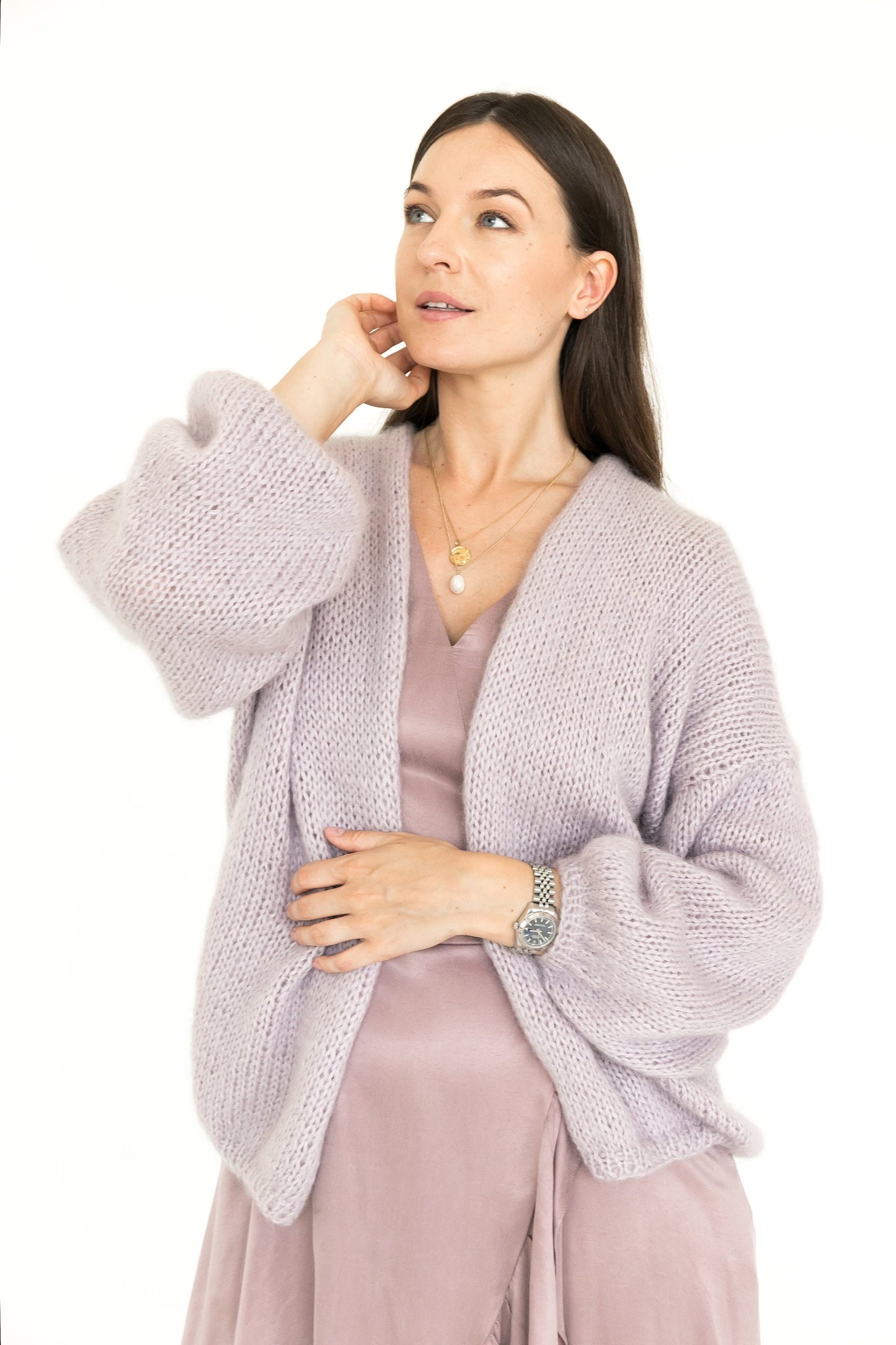 Lavender chunky knit mohair cardigan, light purple cable knitted fluffy alpaca blend sweater, lilac fuzzy slightly oversized women&#39;s jacket