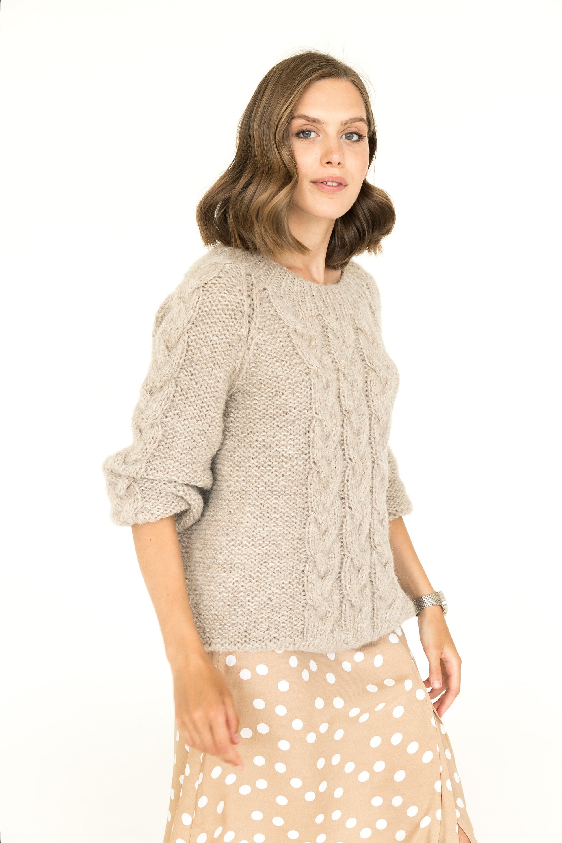 Beige Alpaca Jumper, Cable Knit Creamy Soft Sweater, Relax Fit Nude Handmade Jumper, Oversize Chunky Knit Pullover For Woman, Gift